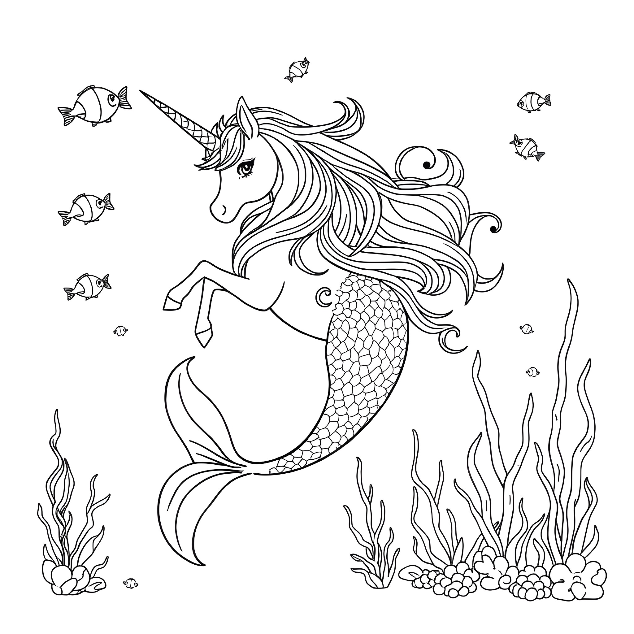 Unicorn mermaid swimming with colorful fish Coloring Page (free black-and-white line drawing printable PDF for all, from beginners to advanced learners, including children, teens, adults, and seniors)