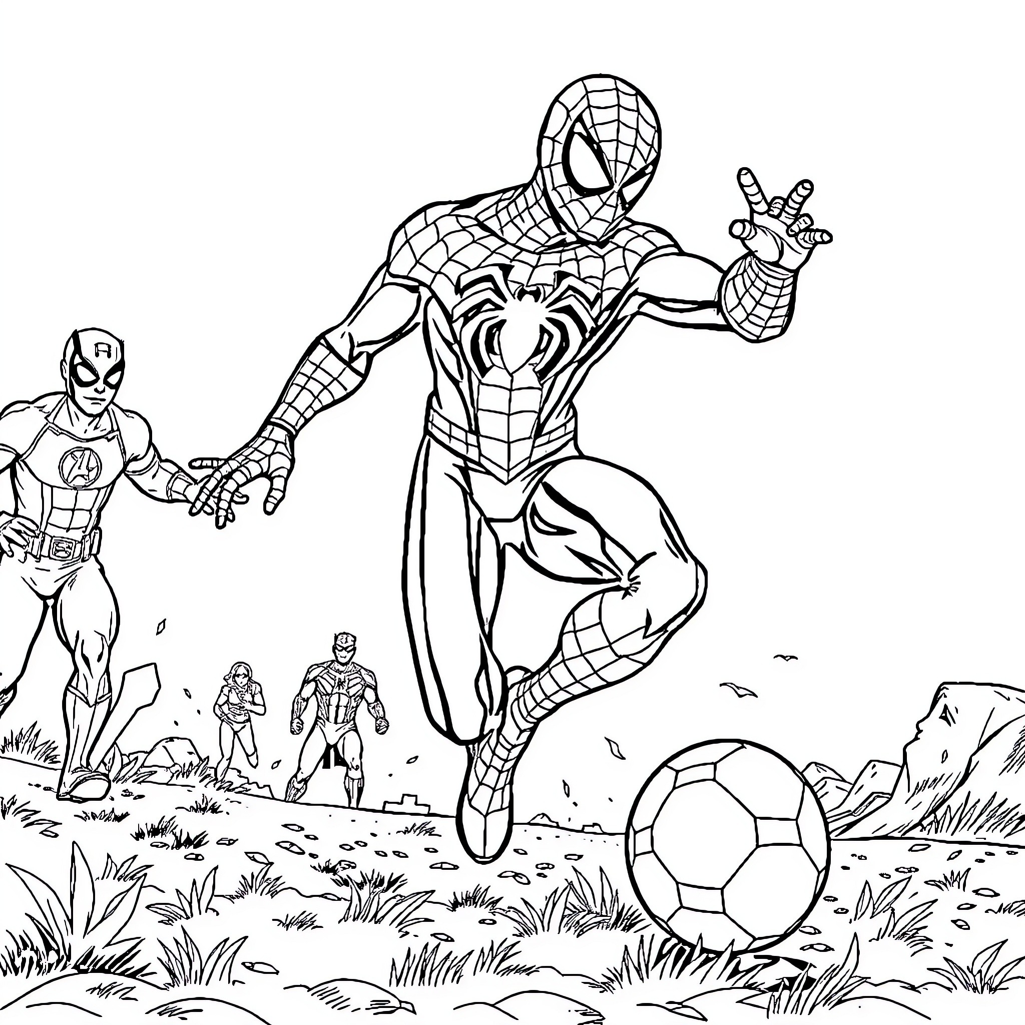 Spiderman and friends playing soccer in the park Coloring Page (free black-and-white line drawing printable PDF for all, from beginners to advanced learners, including children, teens, adults, and seniors)