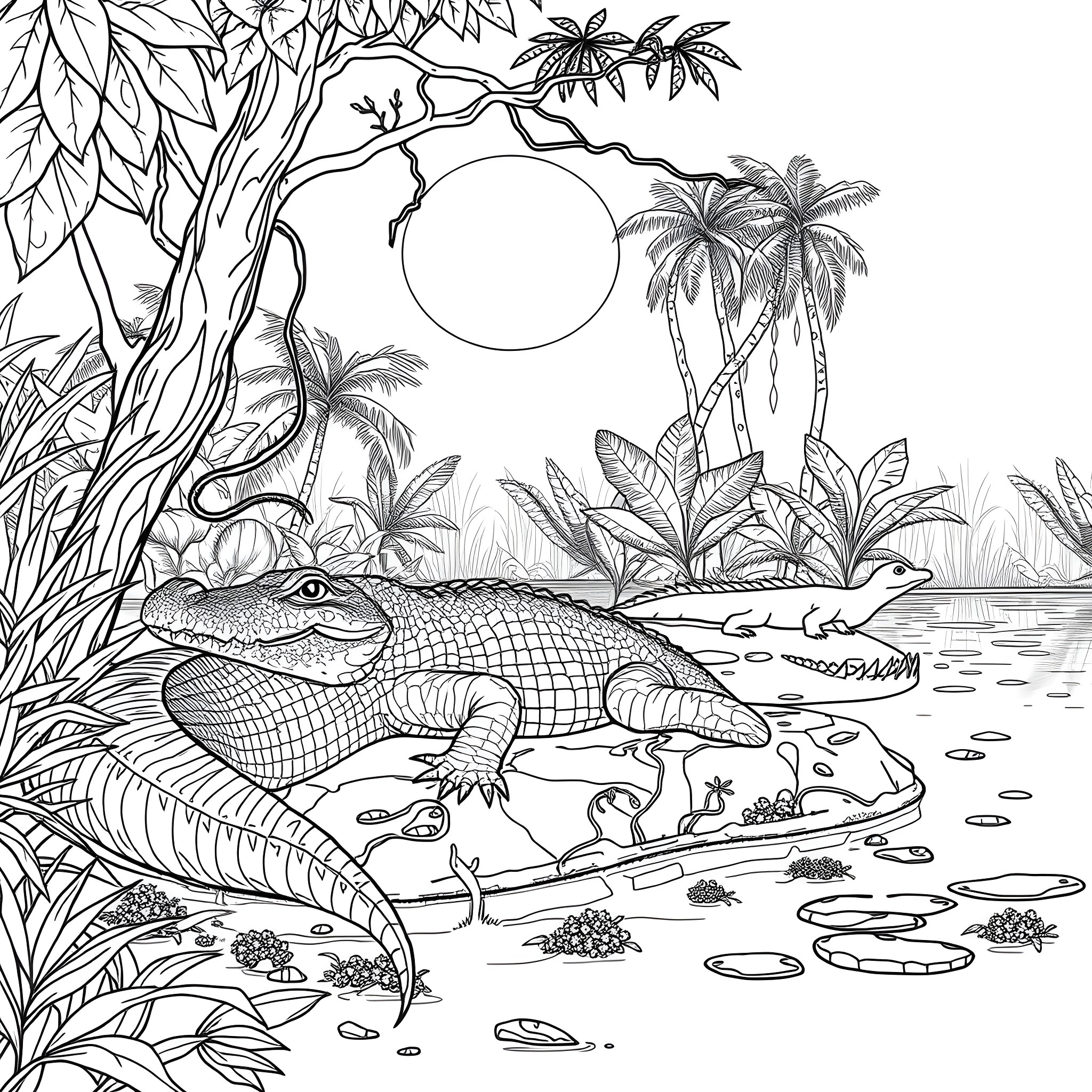 Crocodile resting by the tropical lake Coloring Page (free black-and-white line drawing printable PDF for all, from beginners to advanced learners, including children, teens, adults, and seniors)