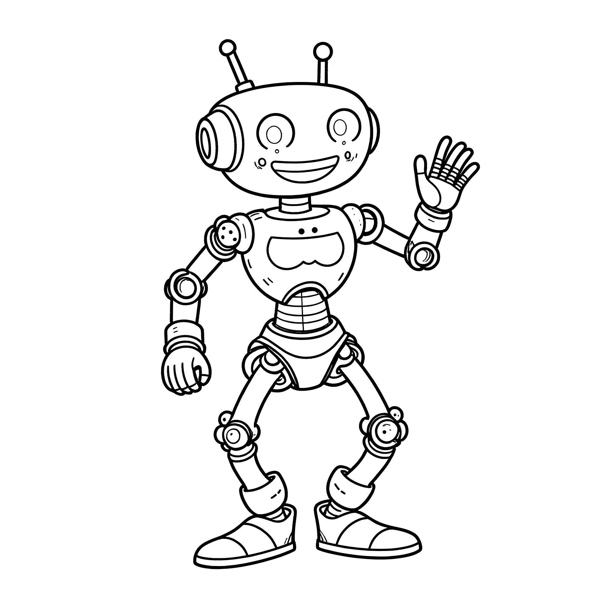 Robot waving with a friendly expression Coloring Page (free black-and-white line drawing printable PDF for all, from beginners to advanced learners, including children, teens, adults, and seniors)