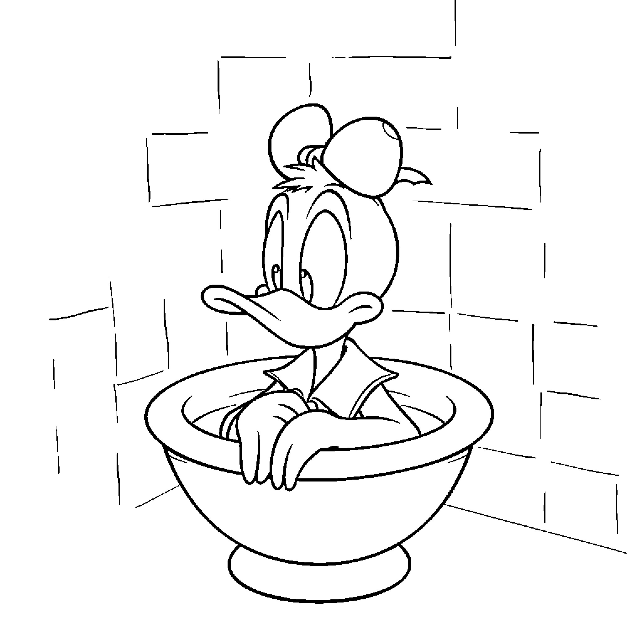 Donald sits playfully in a bowl Coloring Page (free black-and-white line drawing printable PDF for all, from beginners to advanced learners, including children, teens, adults, and seniors)