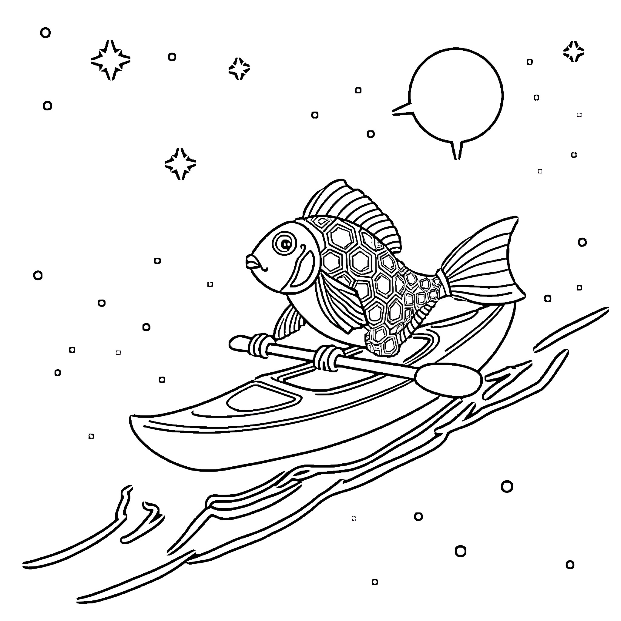 Fish riding a kayak in the starry night Coloring Page (free black-and-white line drawing printable PDF for all, from beginners to advanced learners, including children, teens, adults, and seniors)