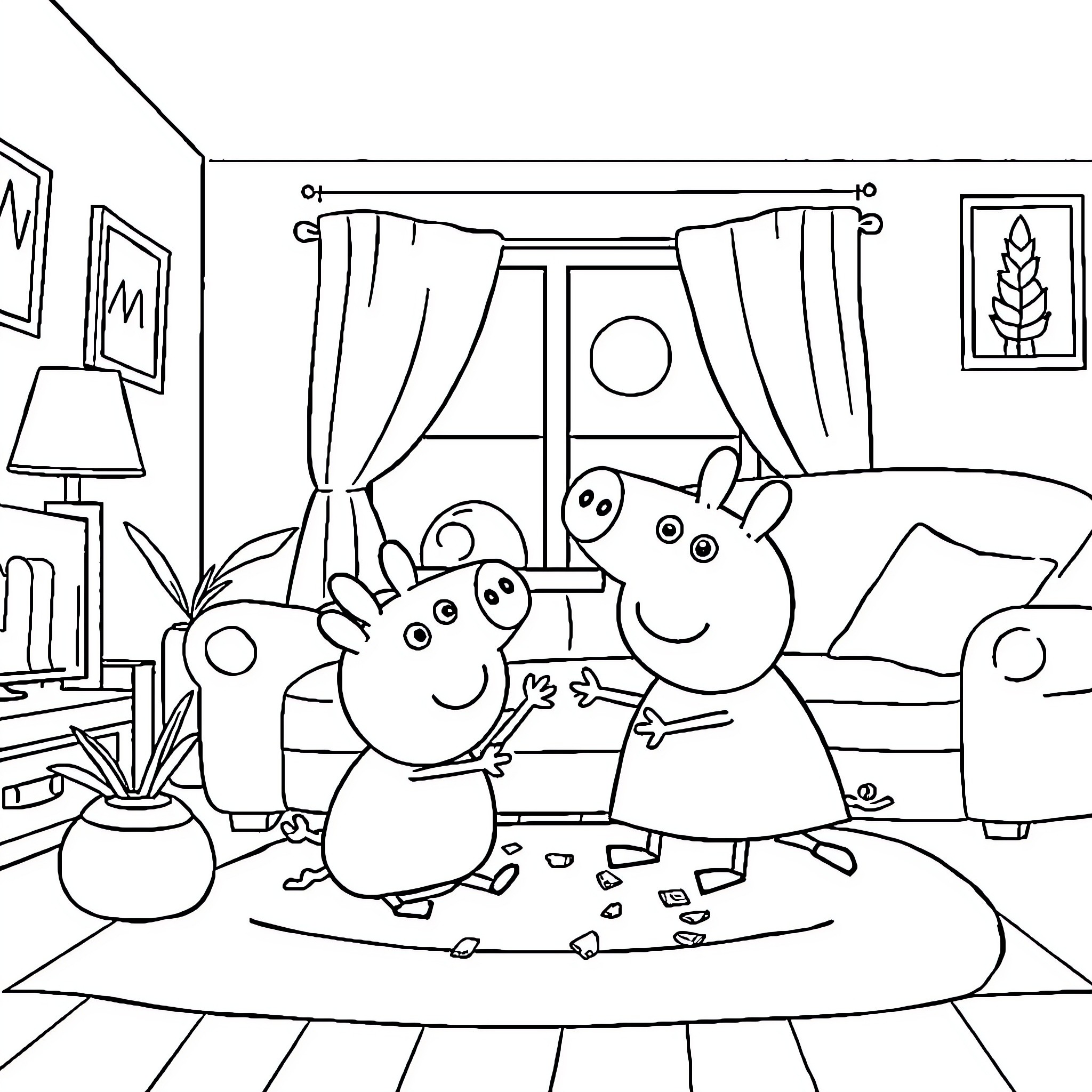 Peppa Pig and friends playing indoors Coloring Page (free black-and-white line drawing printable PDF for all, from beginners to advanced learners, including children, teens, adults, and seniors)