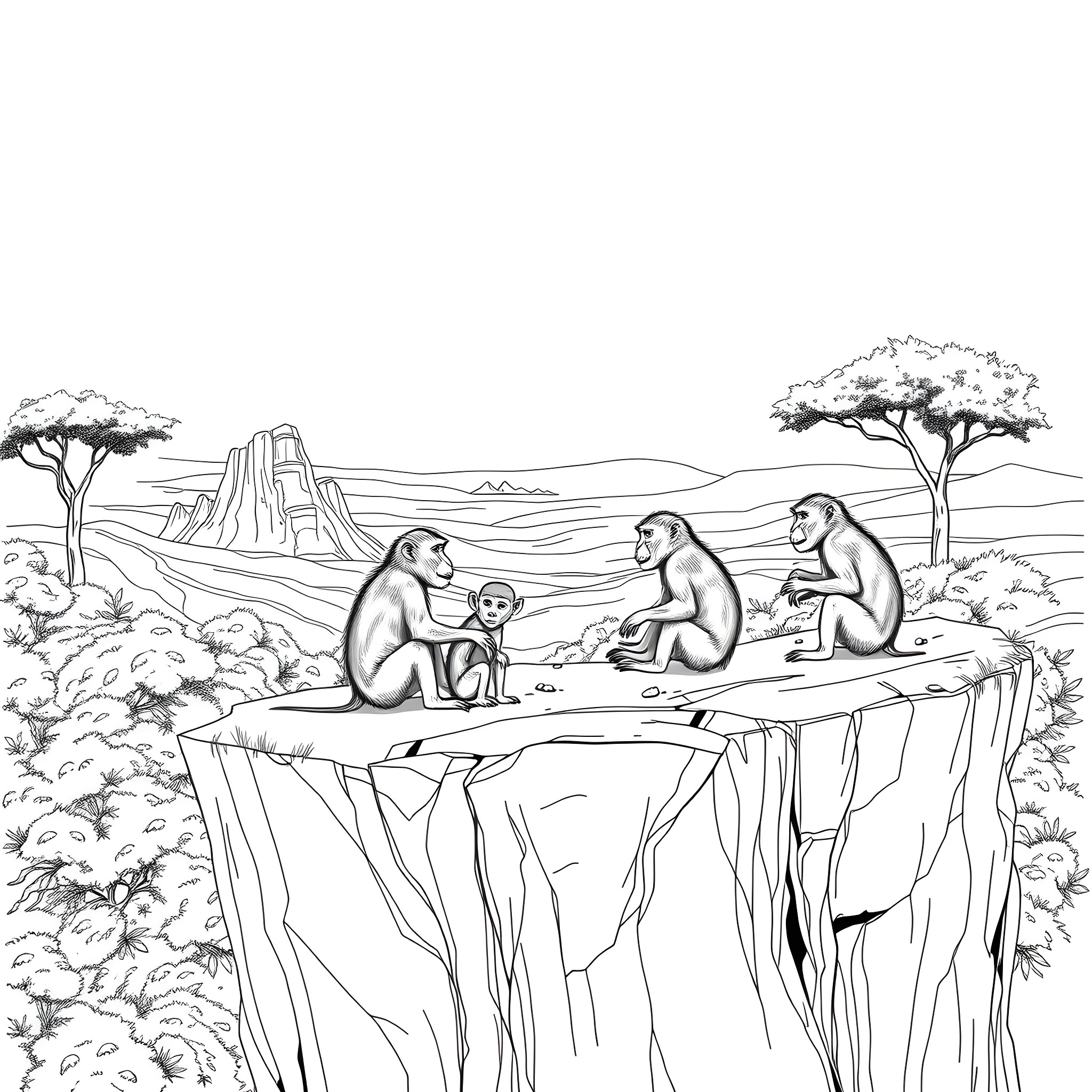 Baboon family bonding in natural habitat Coloring Page (free black-and-white line drawing printable PDF for all, from beginners to advanced learners, including children, teens, adults, and seniors)