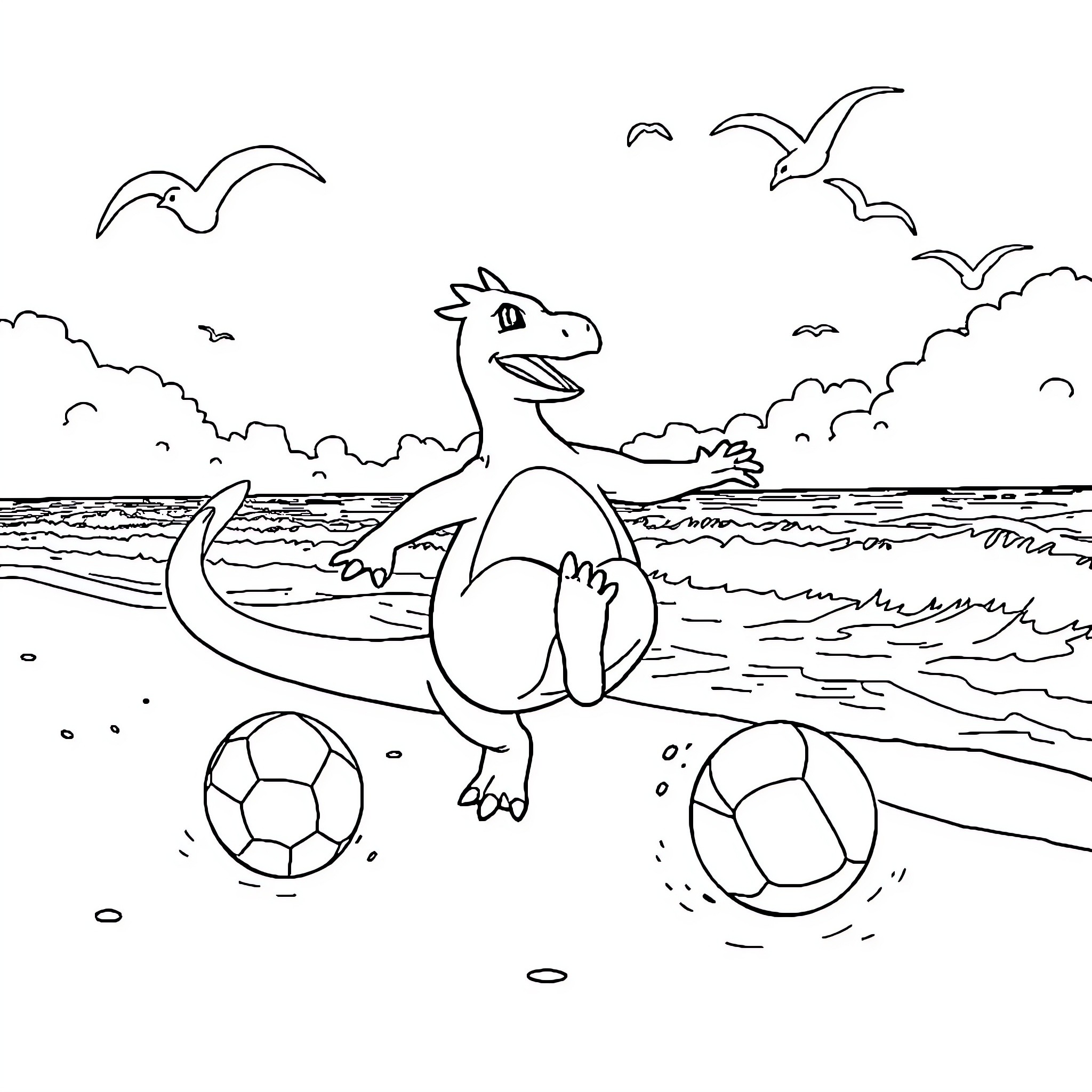 Charizard playing with soccer balls on the beach Coloring Page (free black-and-white line drawing printable PDF for all, from beginners to advanced learners, including children, teens, adults, and seniors)