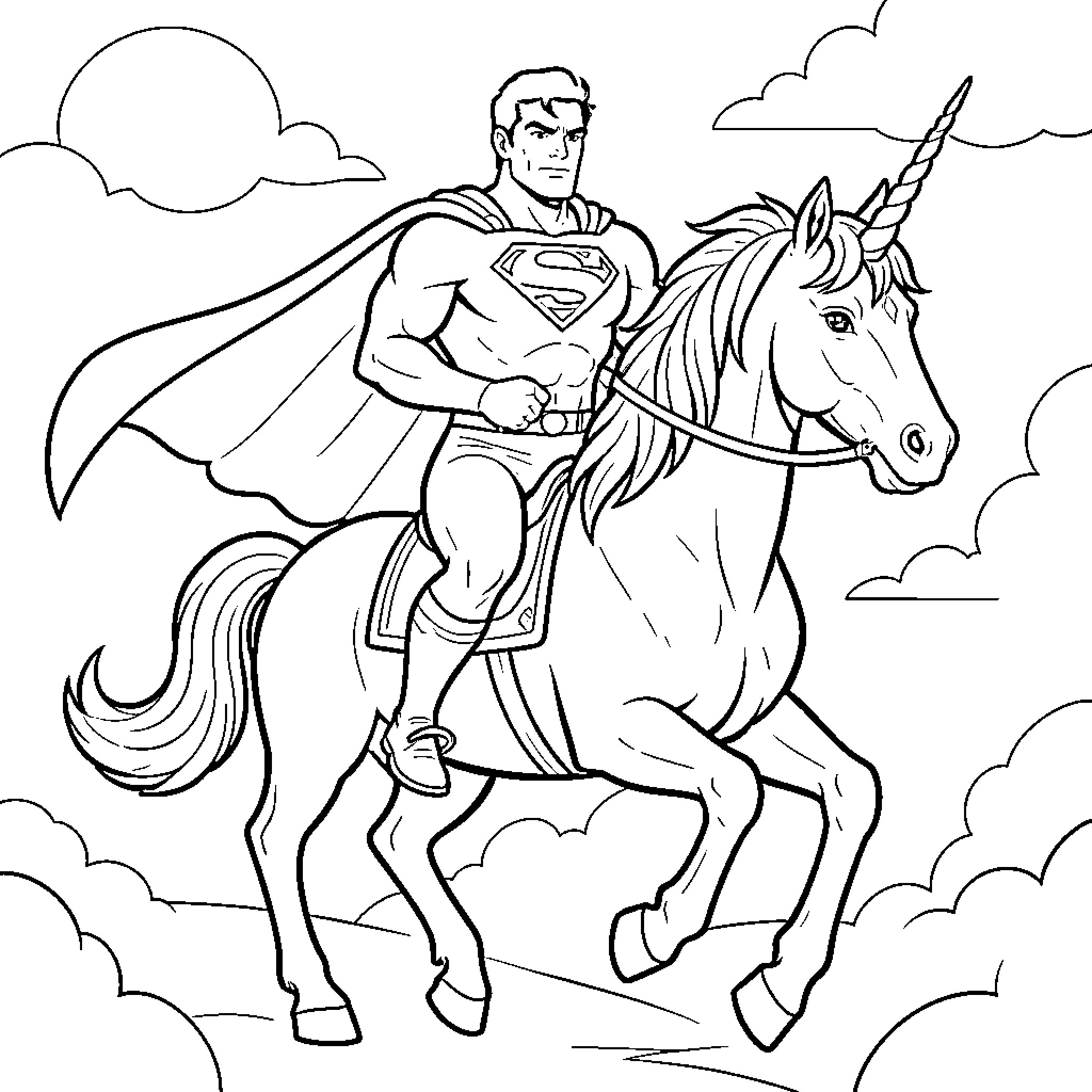 Superman riding a majestic unicorn through the clouds Coloring Page (free black-and-white line drawing printable PDF for all, from beginners to advanced learners, including children, teens, adults, and seniors)