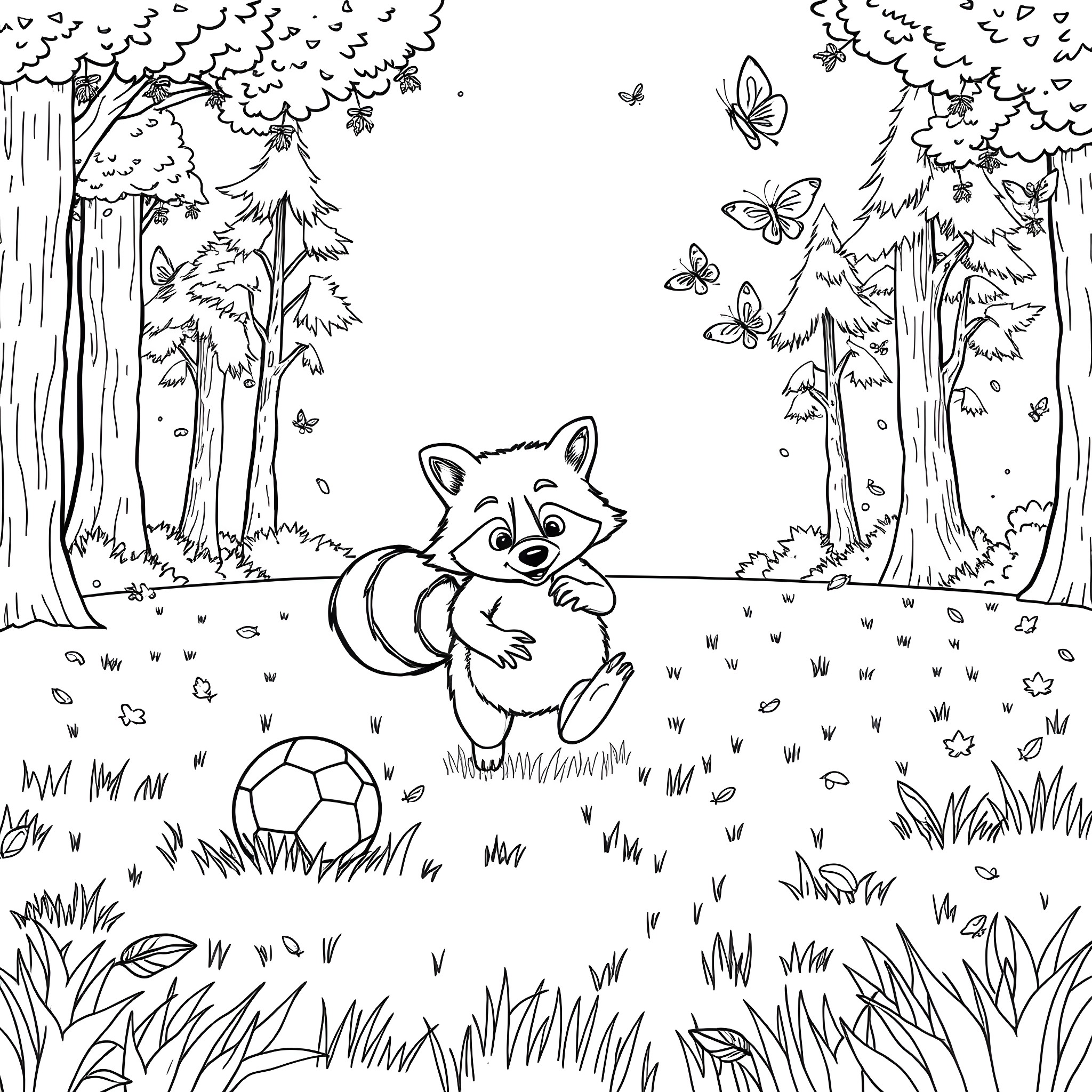 Raccoon playing with a soccer ball in the forest Coloring Page (free black-and-white line drawing printable PDF for all, from beginners to advanced learners, including children, teens, adults, and seniors)
