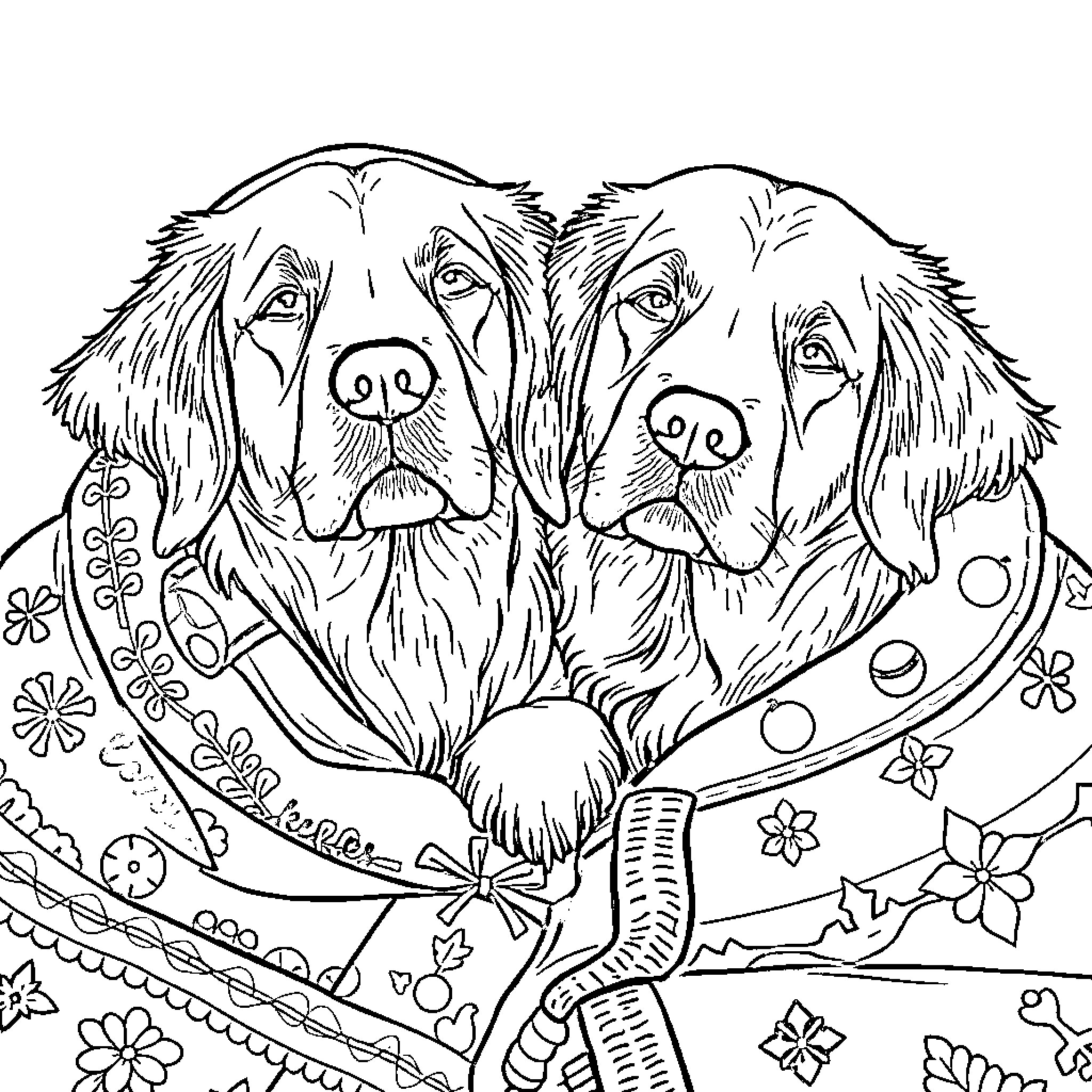 Golden Retrievers playing together in a decorative floral scene Coloring Page (free black-and-white line drawing printable PDF for all, from beginners to advanced learners, including children, teens, adults, and seniors)