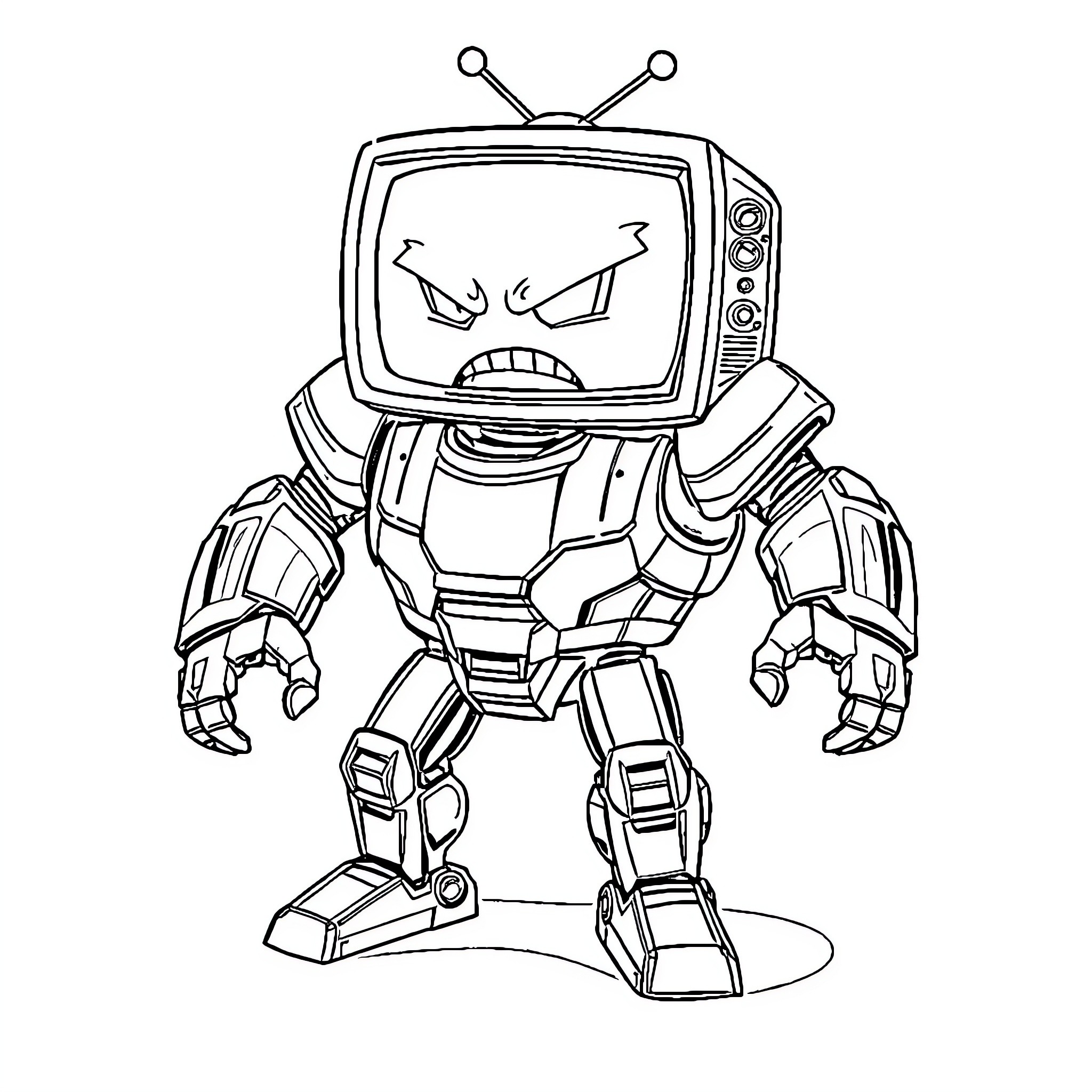 TV Head Robot with Angry Expression Coloring Page (free black-and-white line drawing printable PDF for all, from beginners to advanced learners, including children, teens, adults, and seniors)
