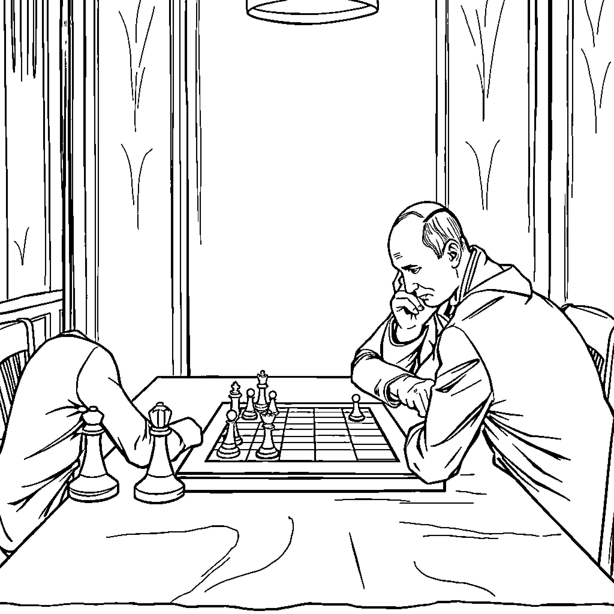 Vladimir Putin playing chess in the office Coloring Page (free black-and-white line drawing printable PDF for all, from beginners to advanced learners, including children, teens, adults, and seniors)