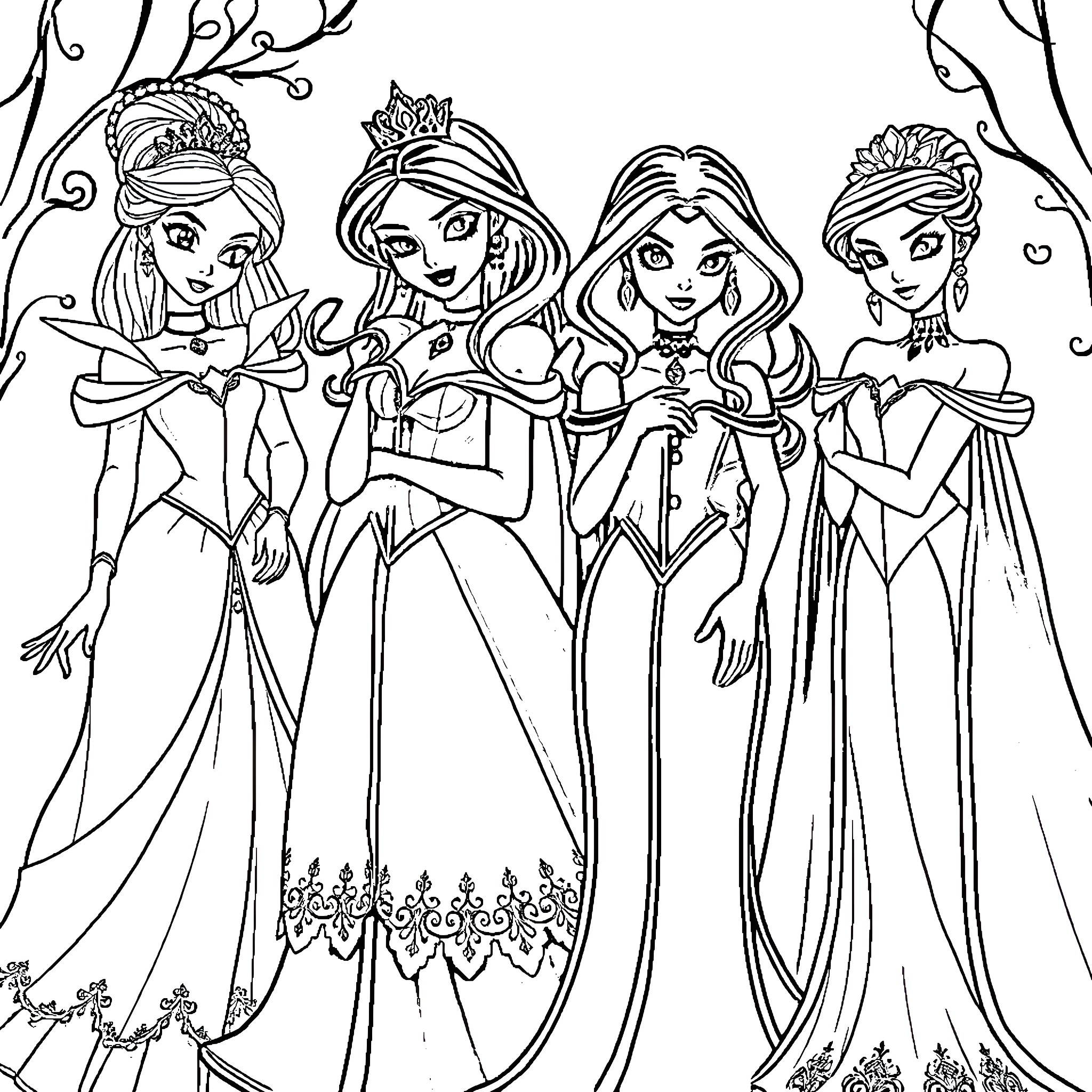 Princess Heroines in Elegant Attire Coloring Page (free black-and-white line drawing printable PDF for all, from beginners to advanced learners, including children, teens, adults, and seniors)