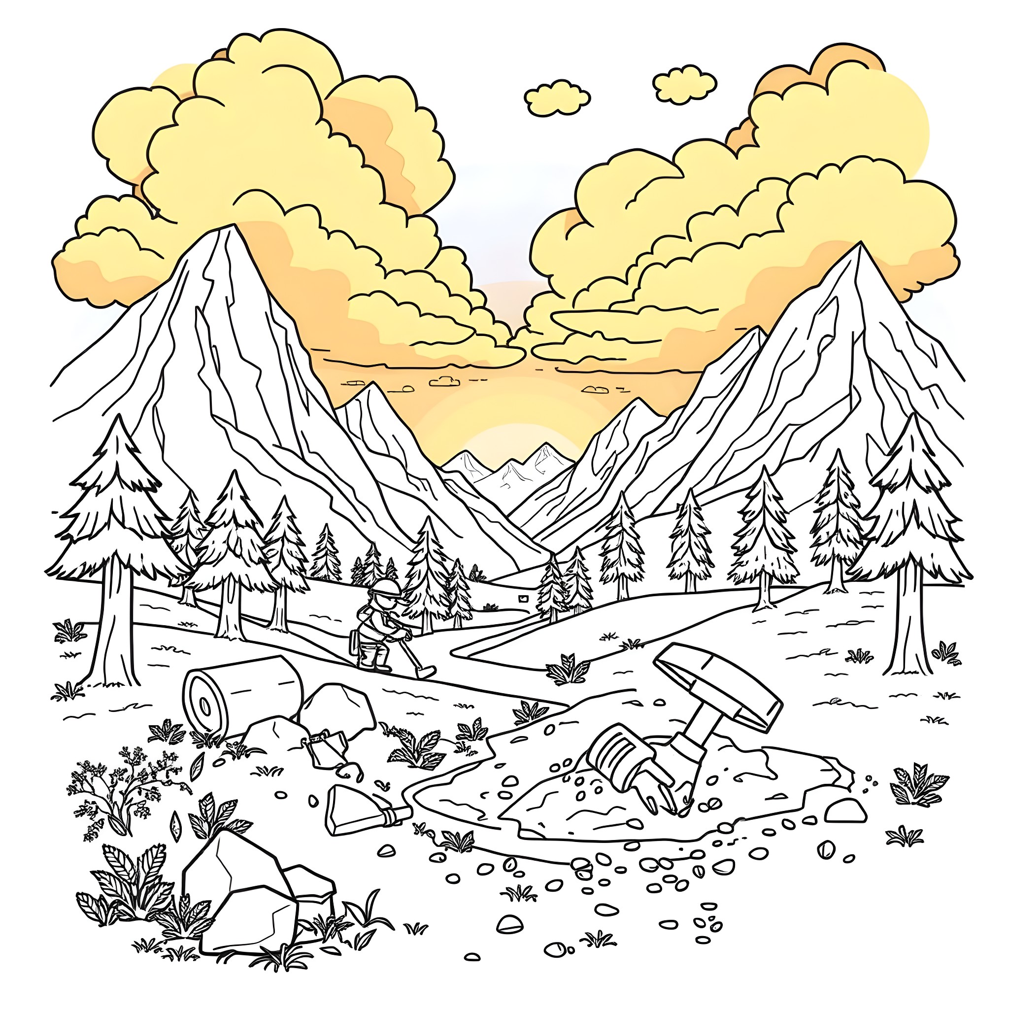 Mindcraft scenic mountain landscape with forest and campfire Coloring Page (free black-and-white line drawing printable PDF for all, from beginners to advanced learners, including children, teens, adults, and seniors)