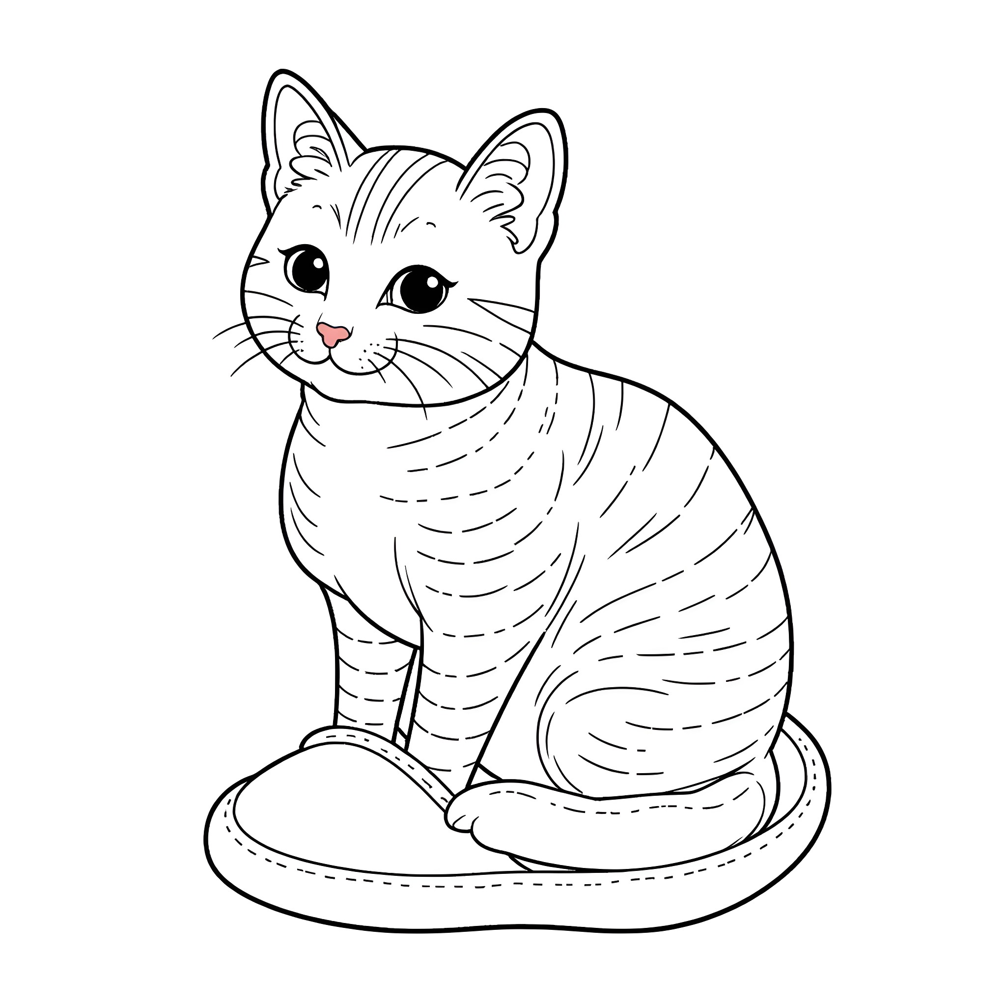 Cat sitting on a platform Coloring Page (free black-and-white line drawing printable PDF for all, from beginners to advanced learners, including children, teens, adults, and seniors)