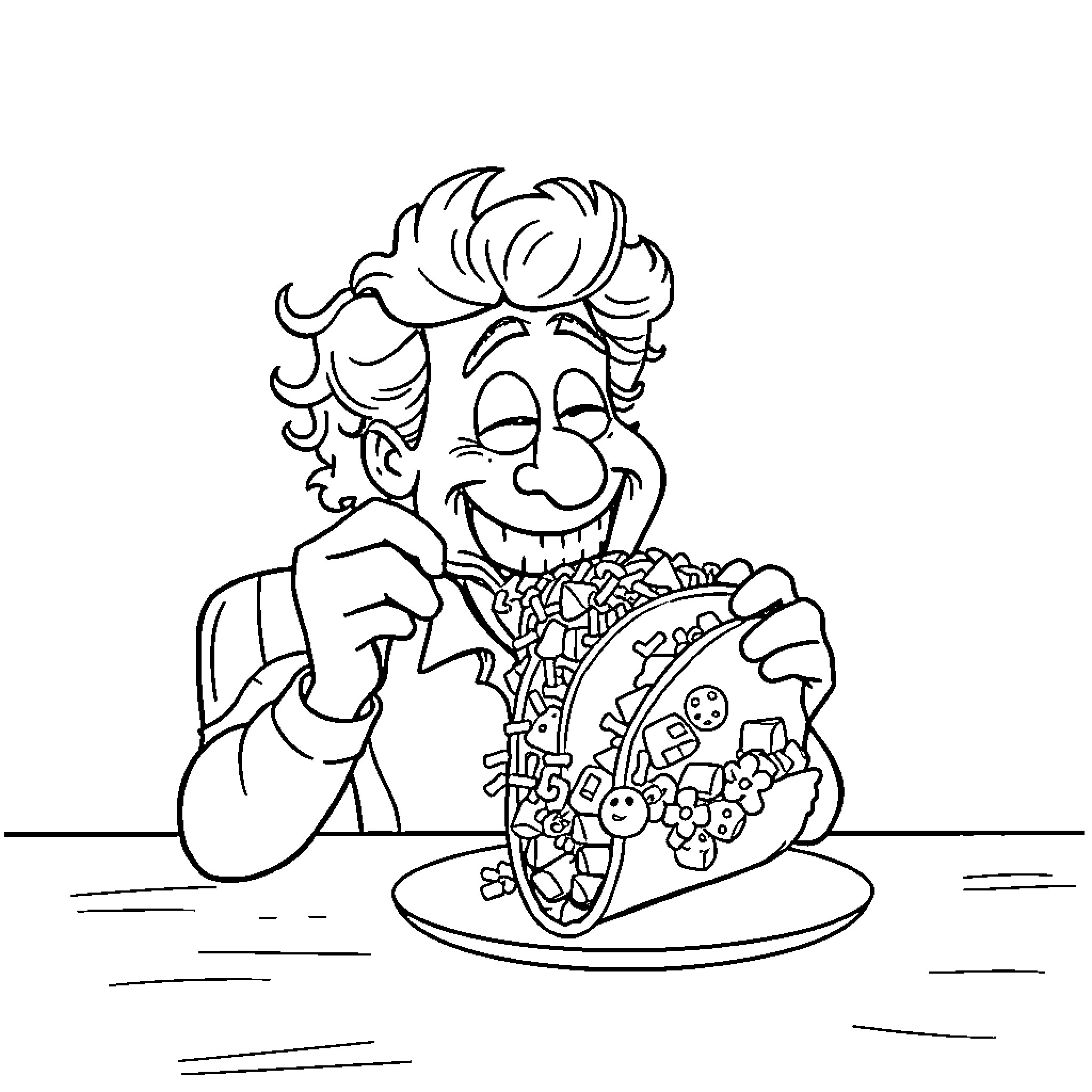 Weird Al enjoying an eccentric sandwich creation Coloring Page (free black-and-white line drawing printable PDF for all, from beginners to advanced learners, including children, teens, adults, and seniors)