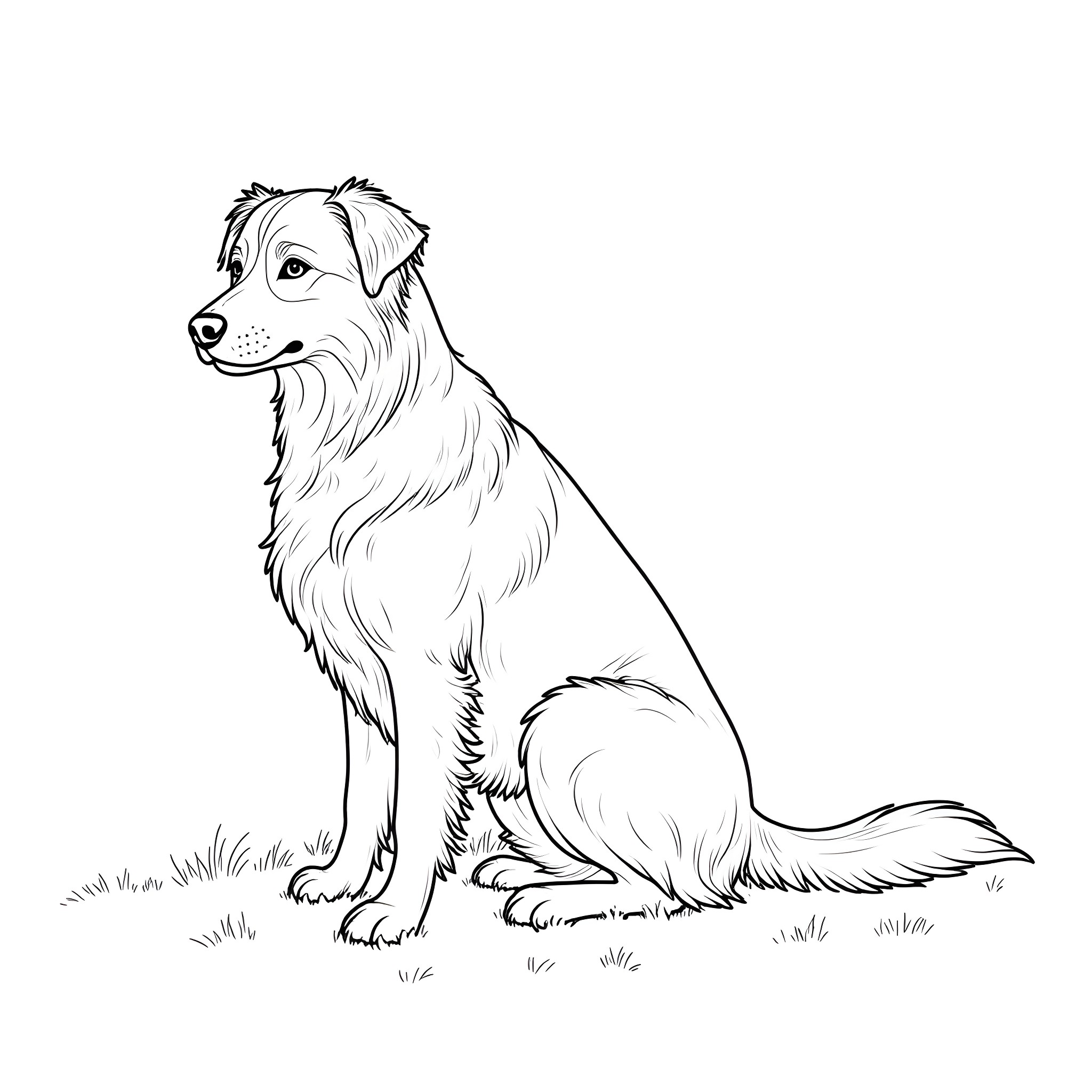 Australian Shepherd sitting in nature Coloring Page (free black-and-white line drawing printable PDF for all, from beginners to advanced learners, including children, teens, adults, and seniors)