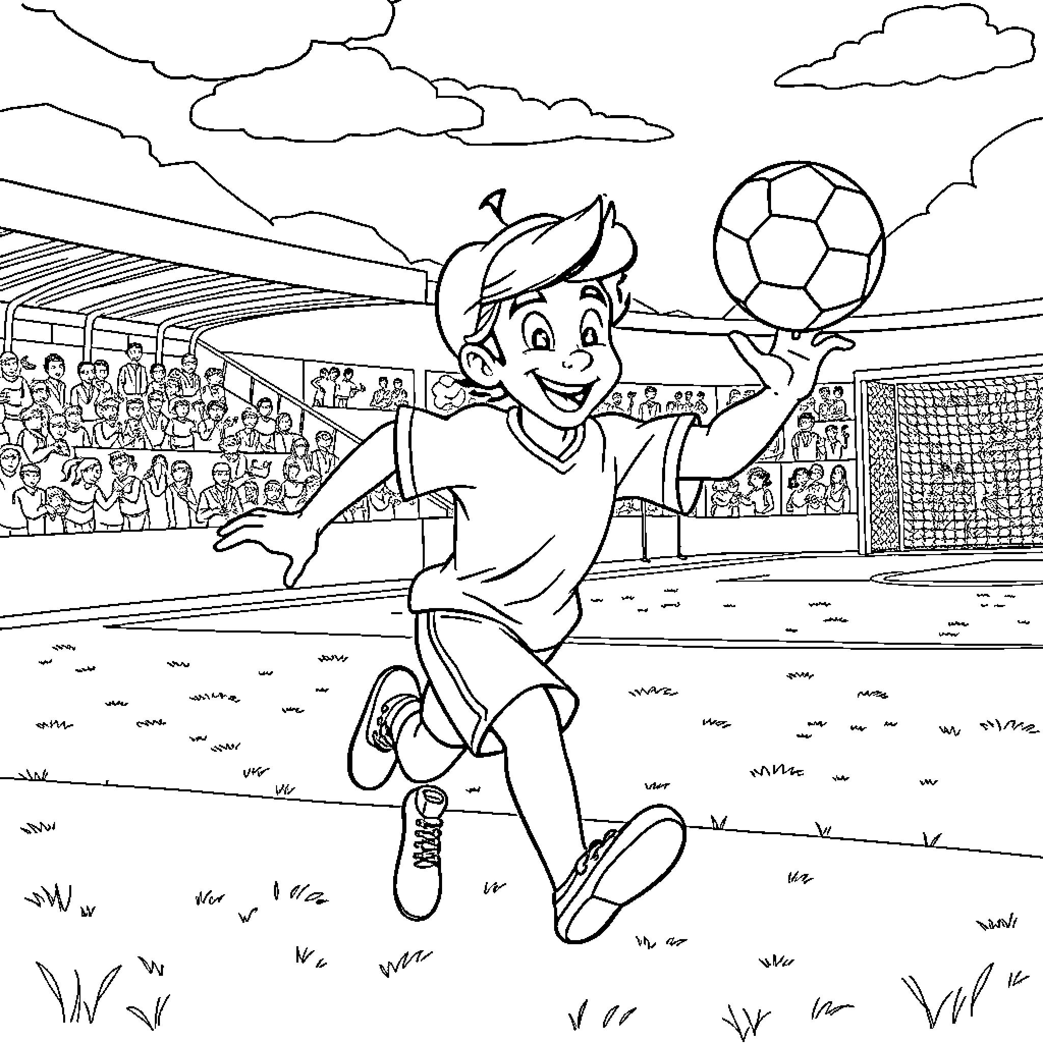 Aladdin playing soccer in the stadium Coloring Page (free black-and-white line drawing printable PDF for all, from beginners to advanced learners, including children, teens, adults, and seniors)