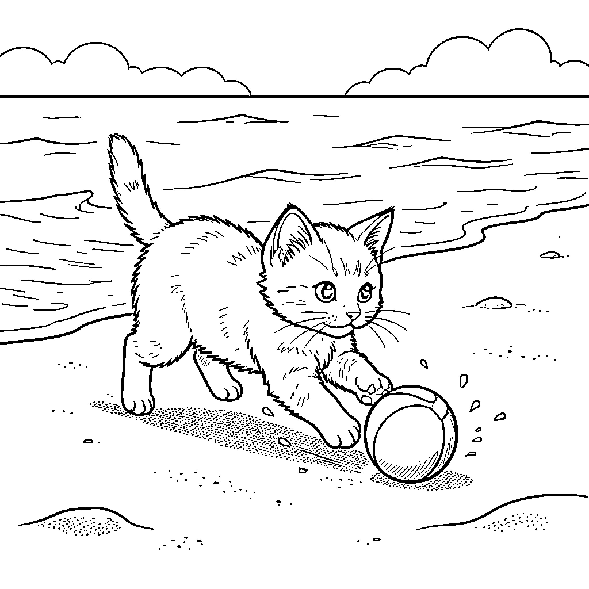Kitten playing with a ball on the beach Coloring Page (free black-and-white line drawing printable PDF for all, from beginners to advanced learners, including children, teens, adults, and seniors)