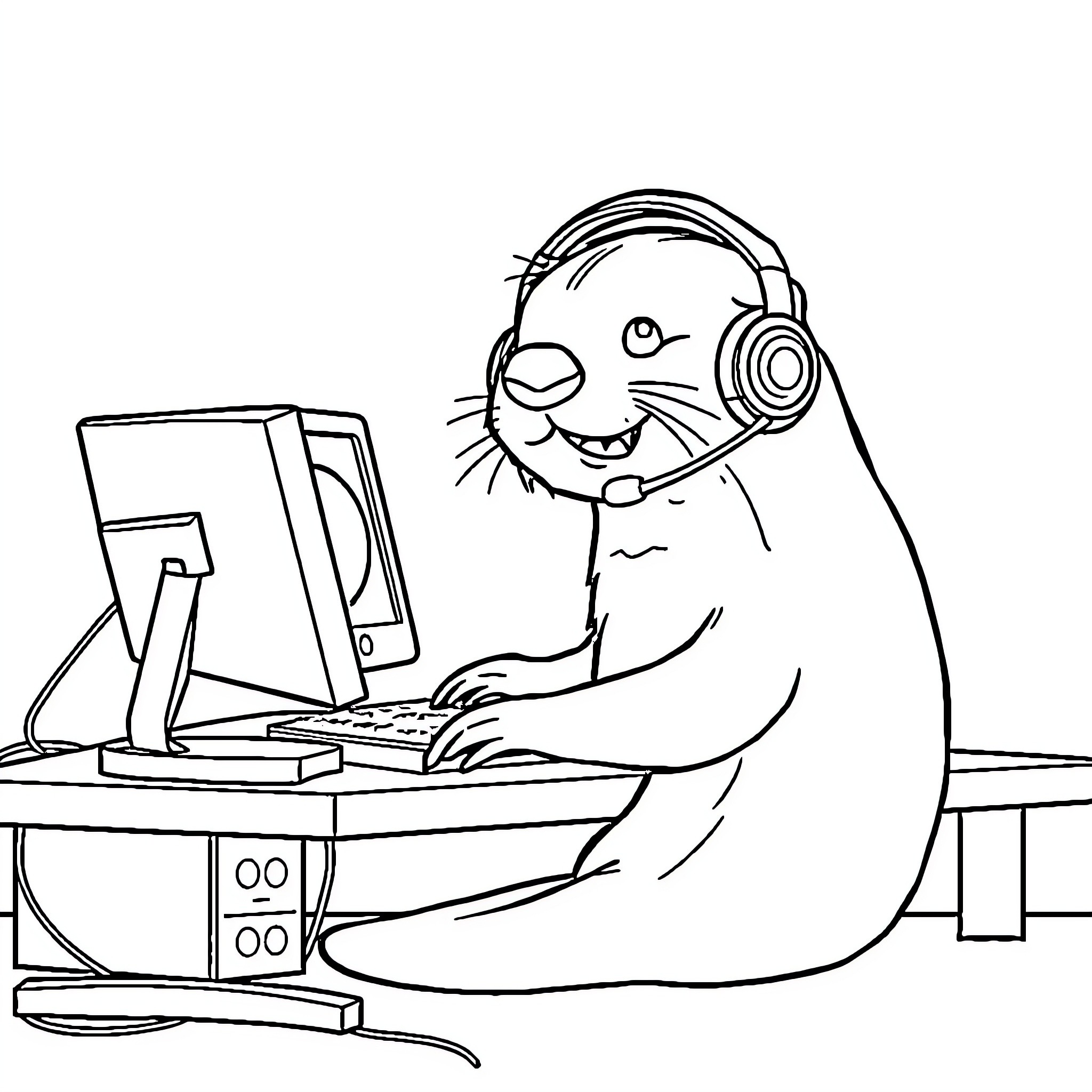 Otter happily gaming with headphones on Coloring Page (free black-and-white line drawing printable PDF for all, from beginners to advanced learners, including children, teens, adults, and seniors)