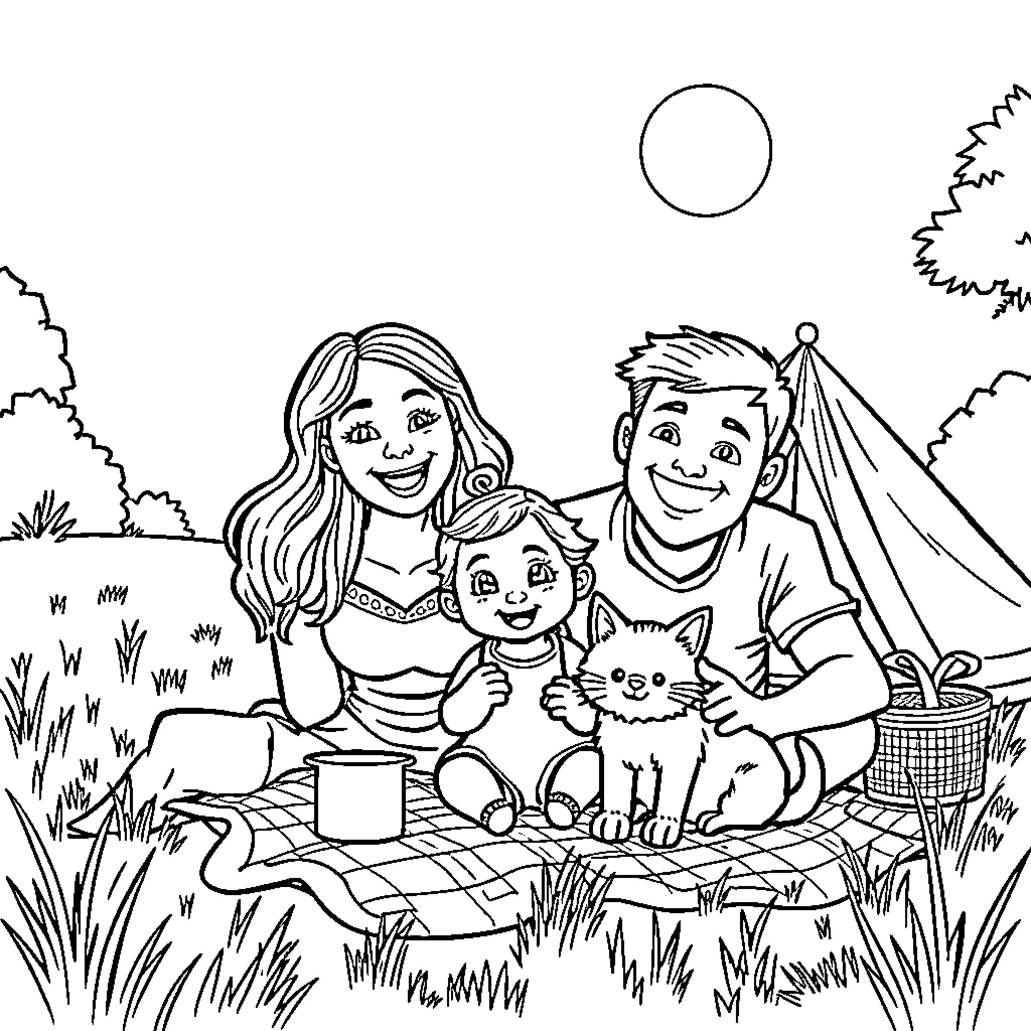 Family enjoying outdoor picnic together Coloring Page (free black-and-white line drawing printable PDF for all, from beginners to advanced learners, including children, teens, adults, and seniors)
