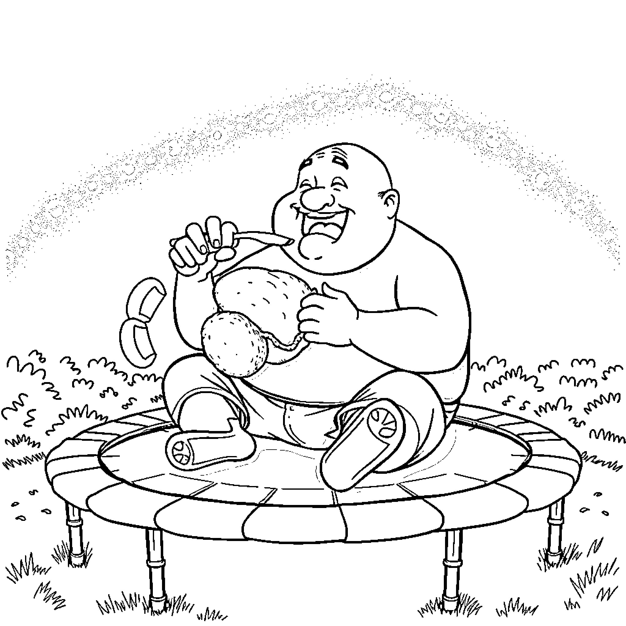 Guy enjoying a hearty meal outdoors Coloring Page (free black-and-white line drawing printable PDF for all, from beginners to advanced learners, including children, teens, adults, and seniors)