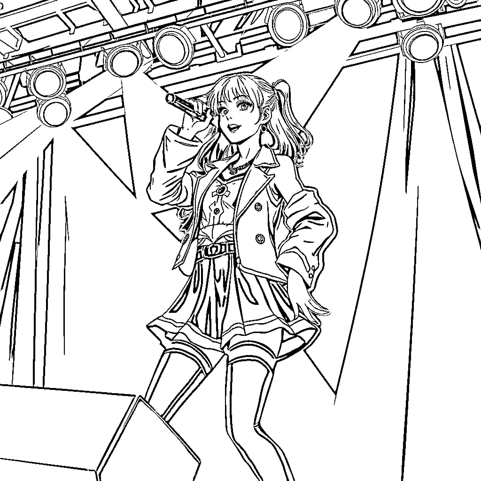 Kpop Girl Performing on Stage with Dramatic Lighting Coloring Page (free black-and-white line drawing printable PDF for all, from beginners to advanced learners, including children, teens, adults, and seniors)