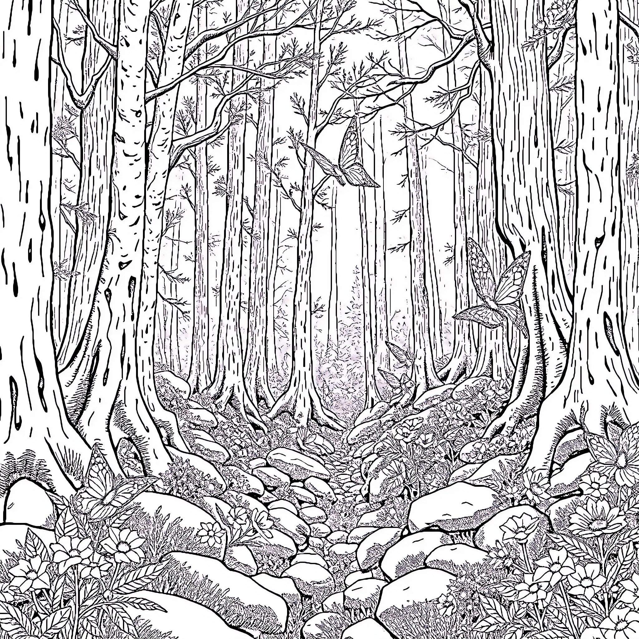 Fairy Forest Path in the Wilderness Coloring Page (free black-and-white line drawing printable PDF for all, from beginners to advanced learners, including children, teens, adults, and seniors)