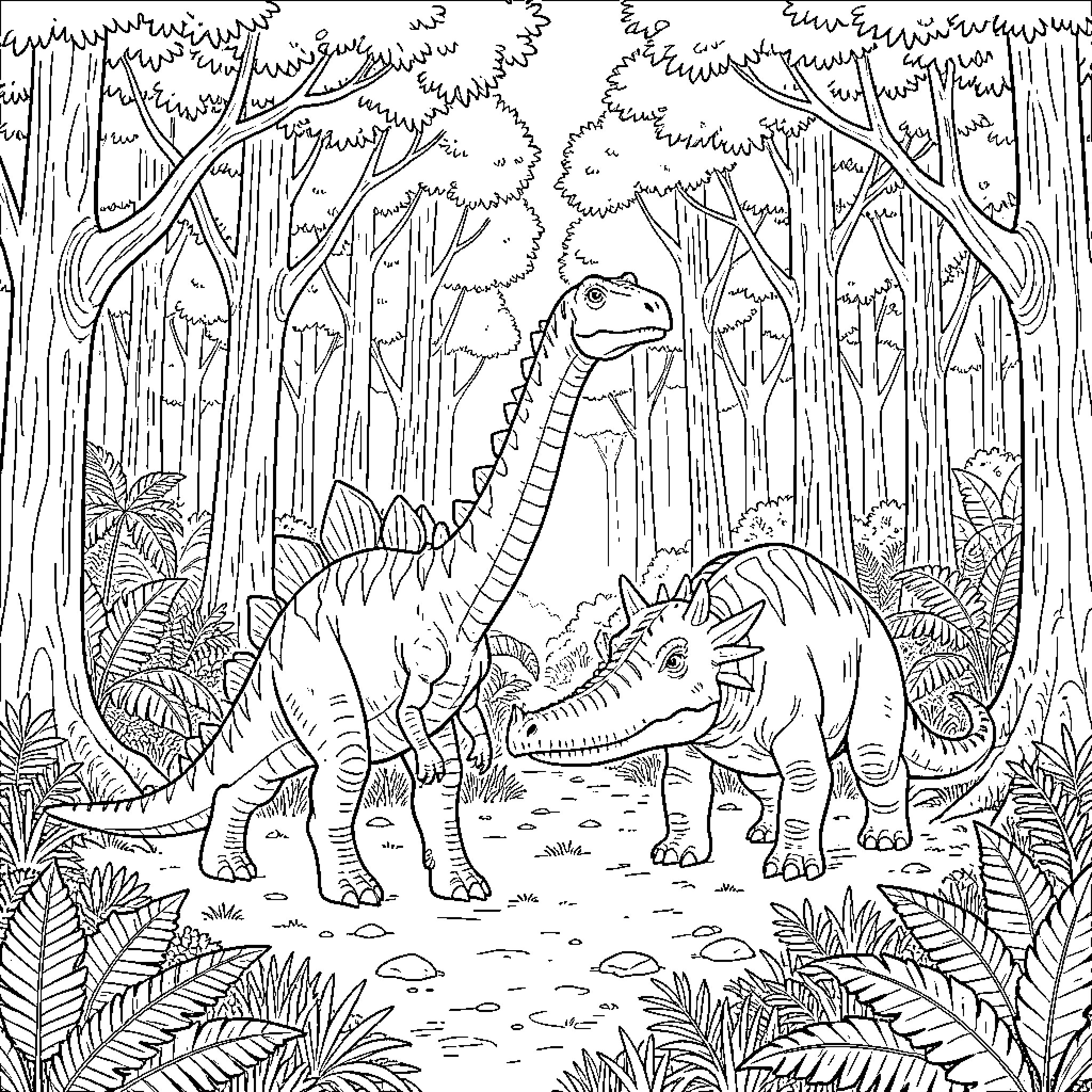 Stégosaure and Brachiosaurus walking through a lush forest Coloring Page (free black-and-white line drawing printable PDF for all, from beginners to advanced learners, including children, teens, adults, and seniors)