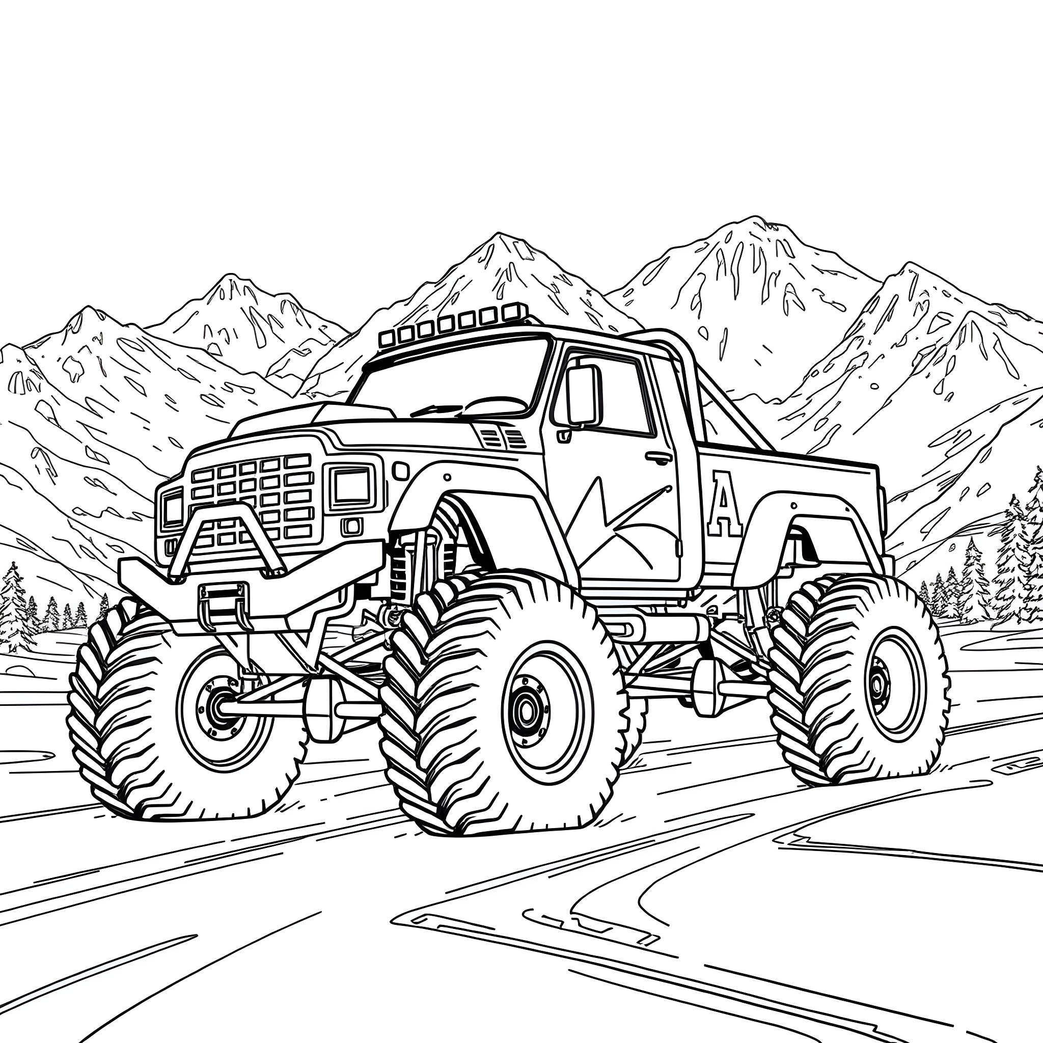 Monster Truck Conquering the Rugged Mountains Coloring Page (free black-and-white line drawing printable PDF for all, from beginners to advanced learners, including children, teens, adults, and seniors)