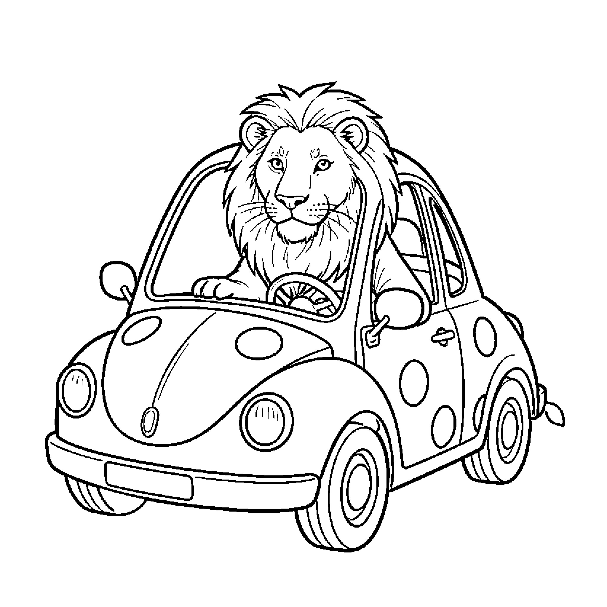 Lion driving a small polka dot car Coloring Page (free black-and-white line drawing printable PDF for all, from beginners to advanced learners, including children, teens, adults, and seniors)