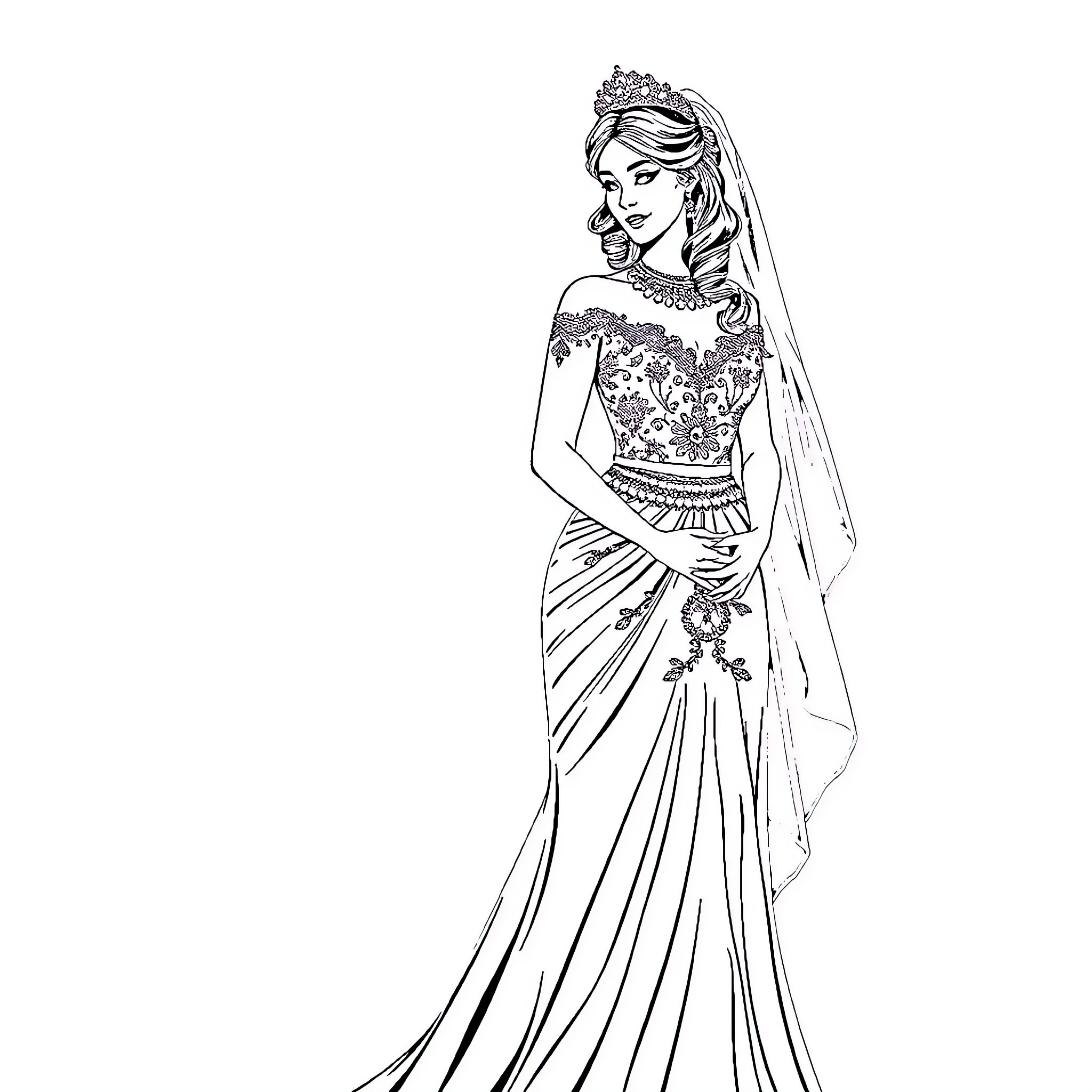 Bride in Elegant Lace Gown with Flowing Veil Coloring Page (free black-and-white line drawing printable PDF for all, from beginners to advanced learners, including children, teens, adults, and seniors)