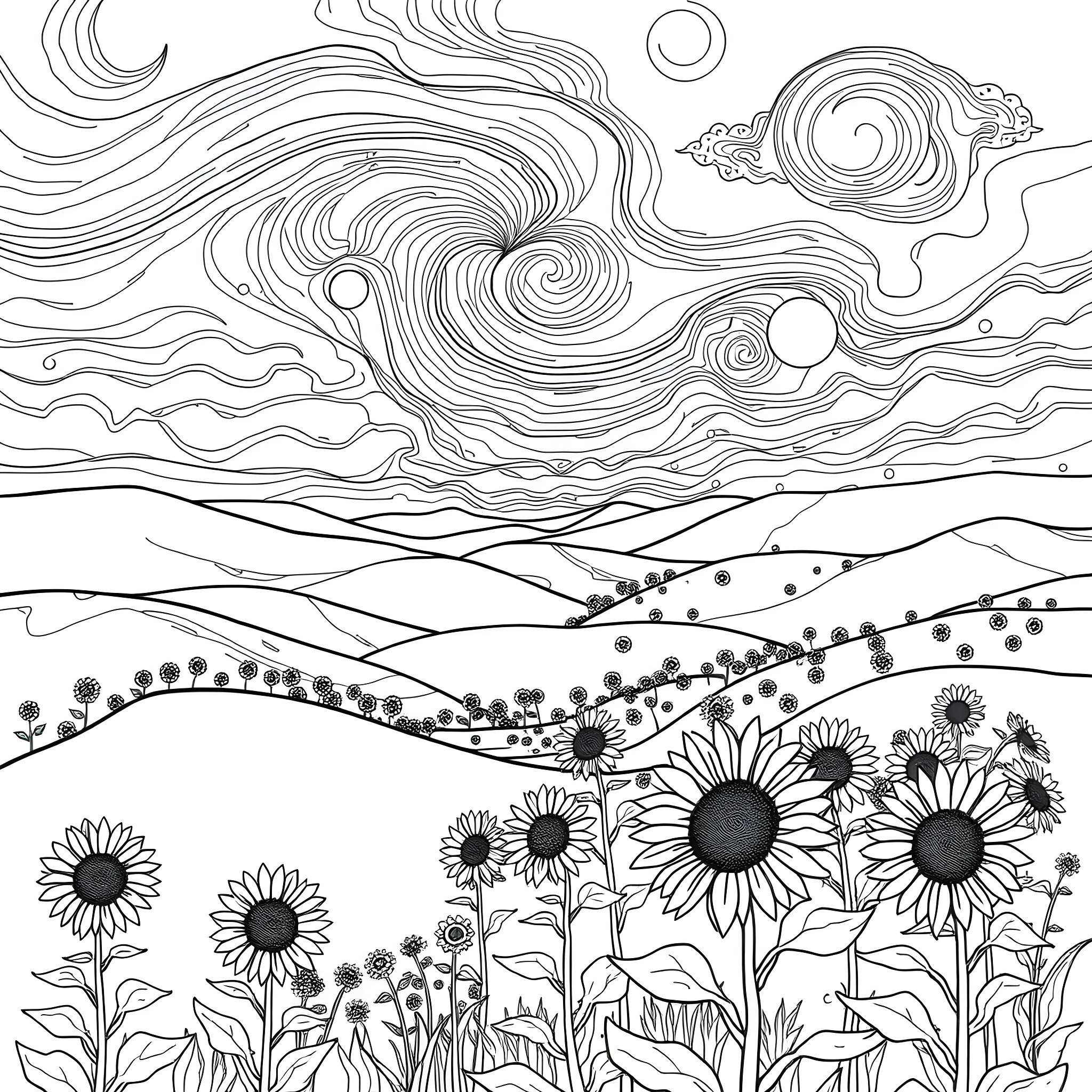Landscape of flowing clouds and sunflower fields Coloring Page (free black-and-white line drawing printable PDF for all, from beginners to advanced learners, including children, teens, adults, and seniors)
