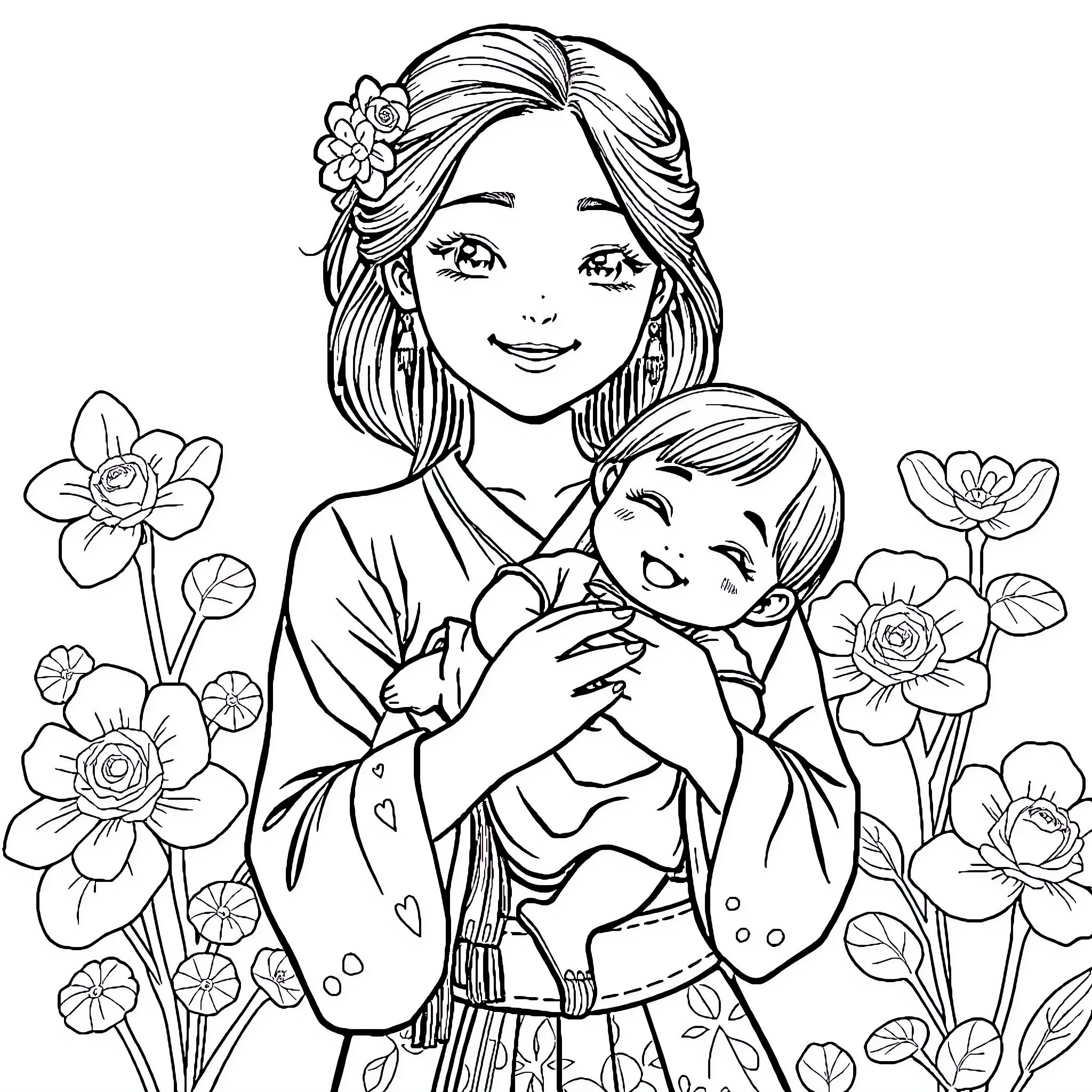 Woman embracing baby in a floral garden Coloring Page (free black-and-white line drawing printable PDF for all, from beginners to advanced learners, including children, teens, adults, and seniors)