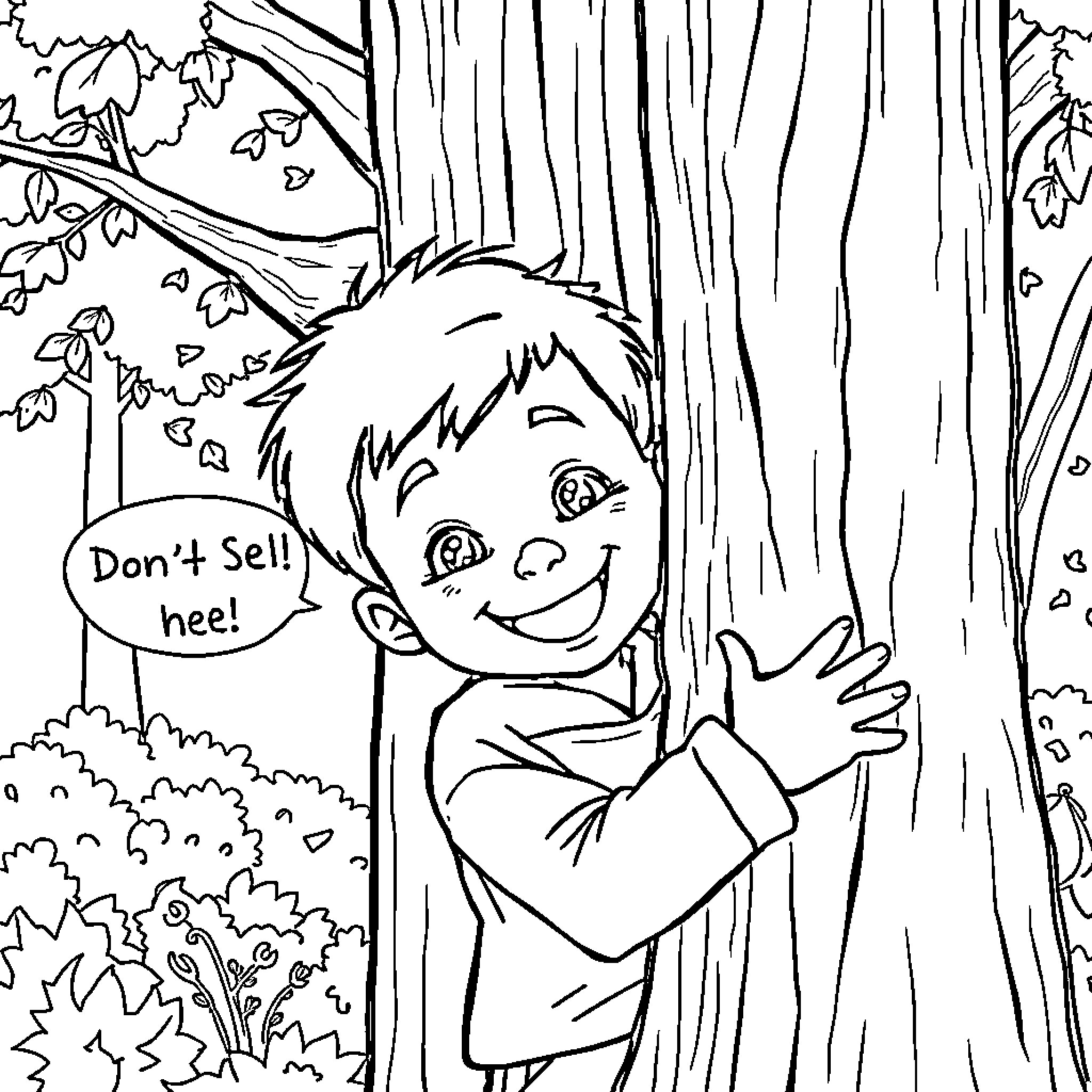 Boy hiding behind tree and refusing to sell Coloring Page (free black-and-white line drawing printable PDF for all, from beginners to advanced learners, including children, teens, adults, and seniors)