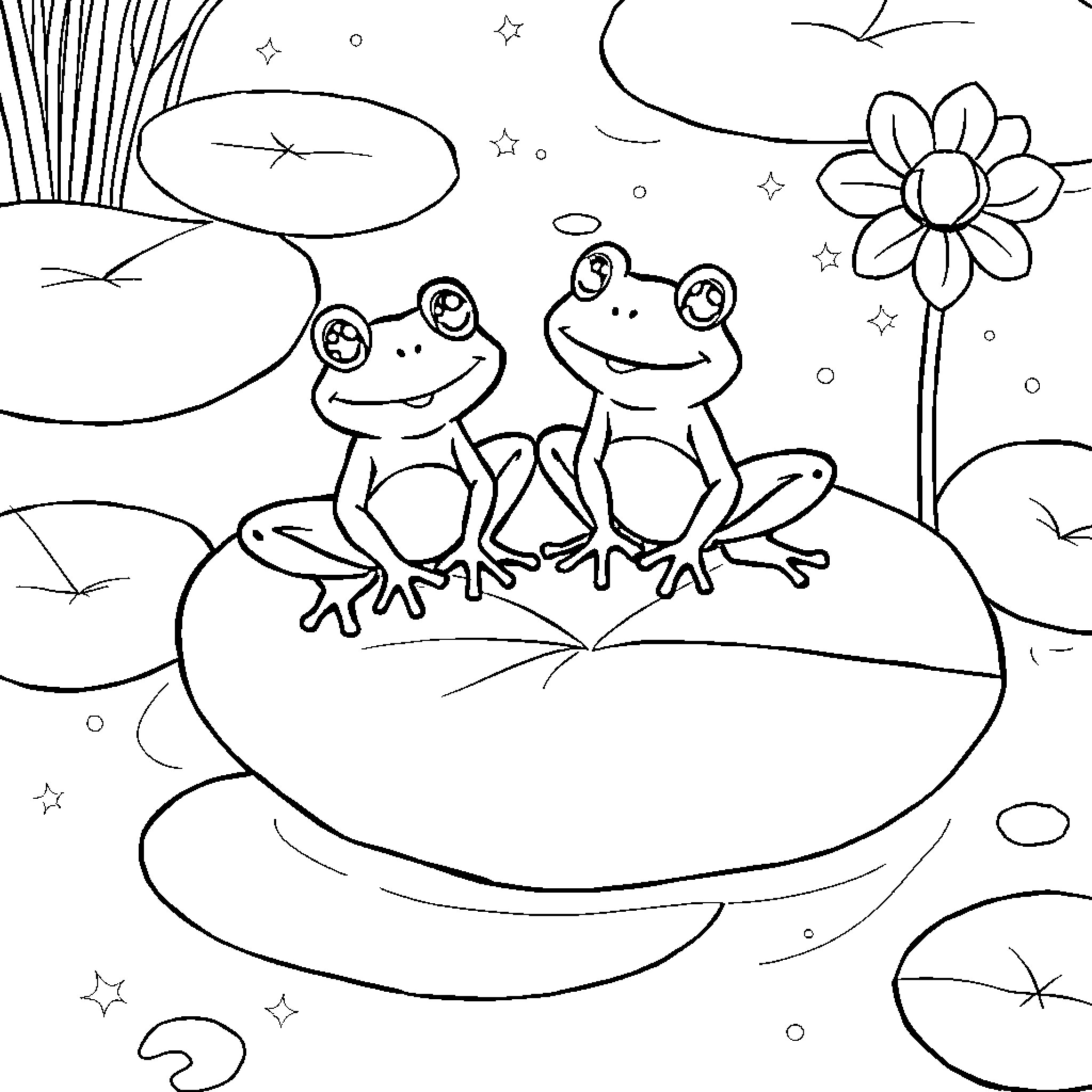 Frogs sitting on a lily pad in the moonlight Coloring Page (free black-and-white line drawing printable PDF for all, from beginners to advanced learners, including children, teens, adults, and seniors)