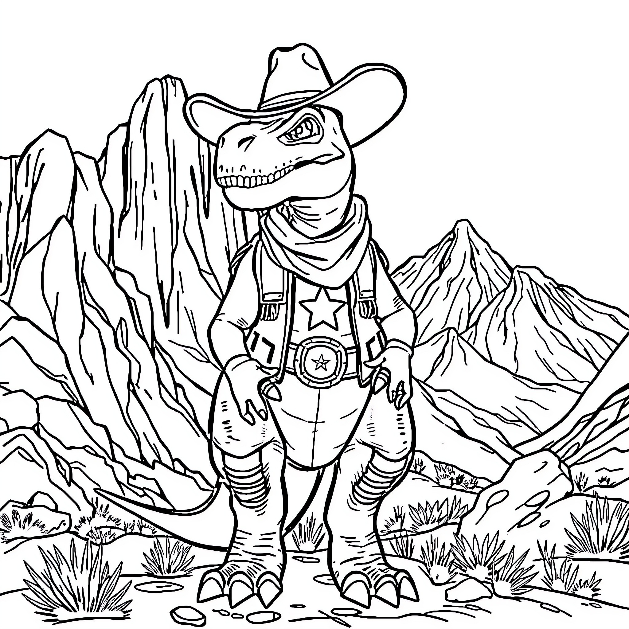 Dinosaur cowboy exploring rocky mountain landscape Coloring Page (free black-and-white line drawing printable PDF for all, from beginners to advanced learners, including children, teens, adults, and seniors)
