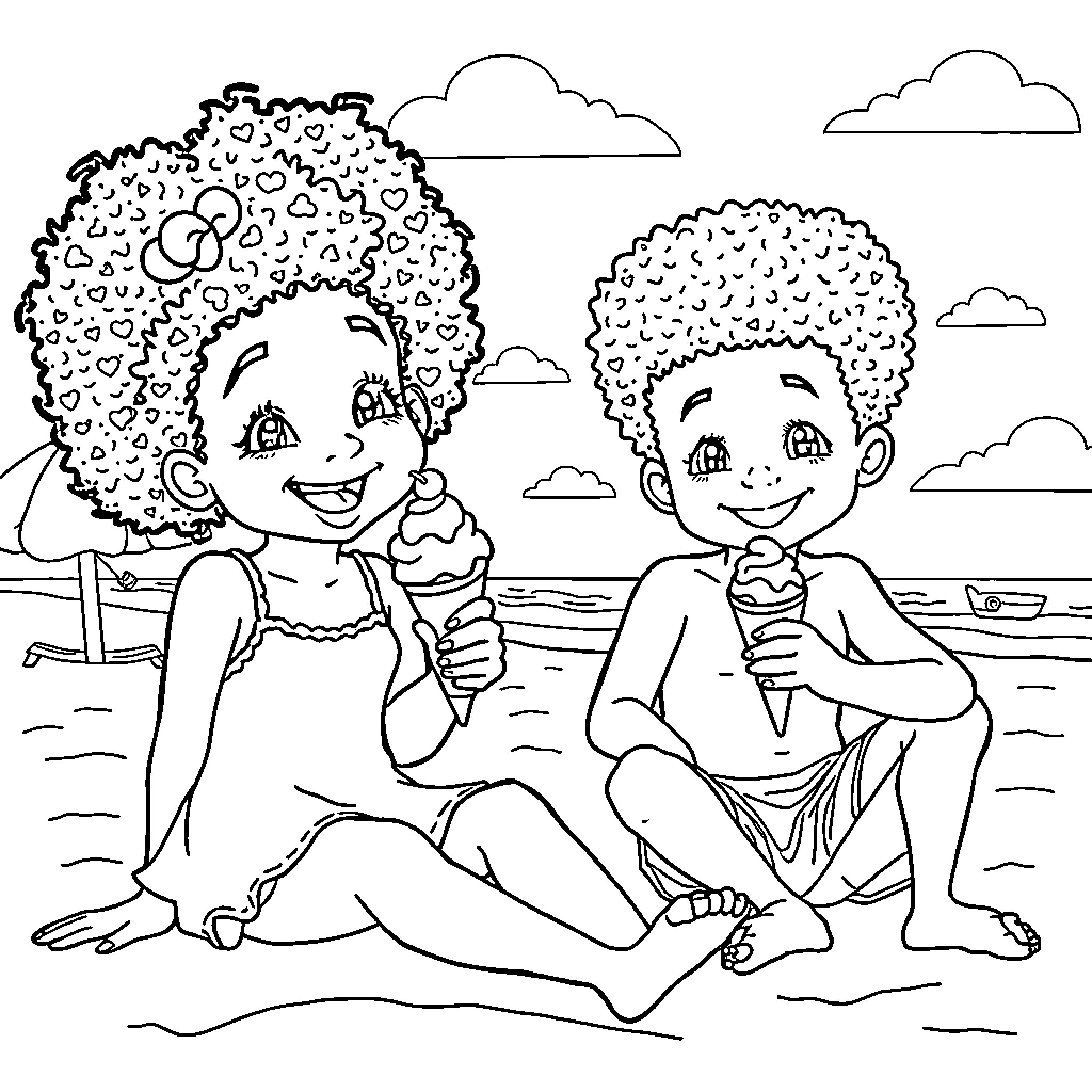 Children enjoying ice cream by the beach Coloring Page (free black-and-white line drawing printable PDF for all, from beginners to advanced learners, including children, teens, adults, and seniors)