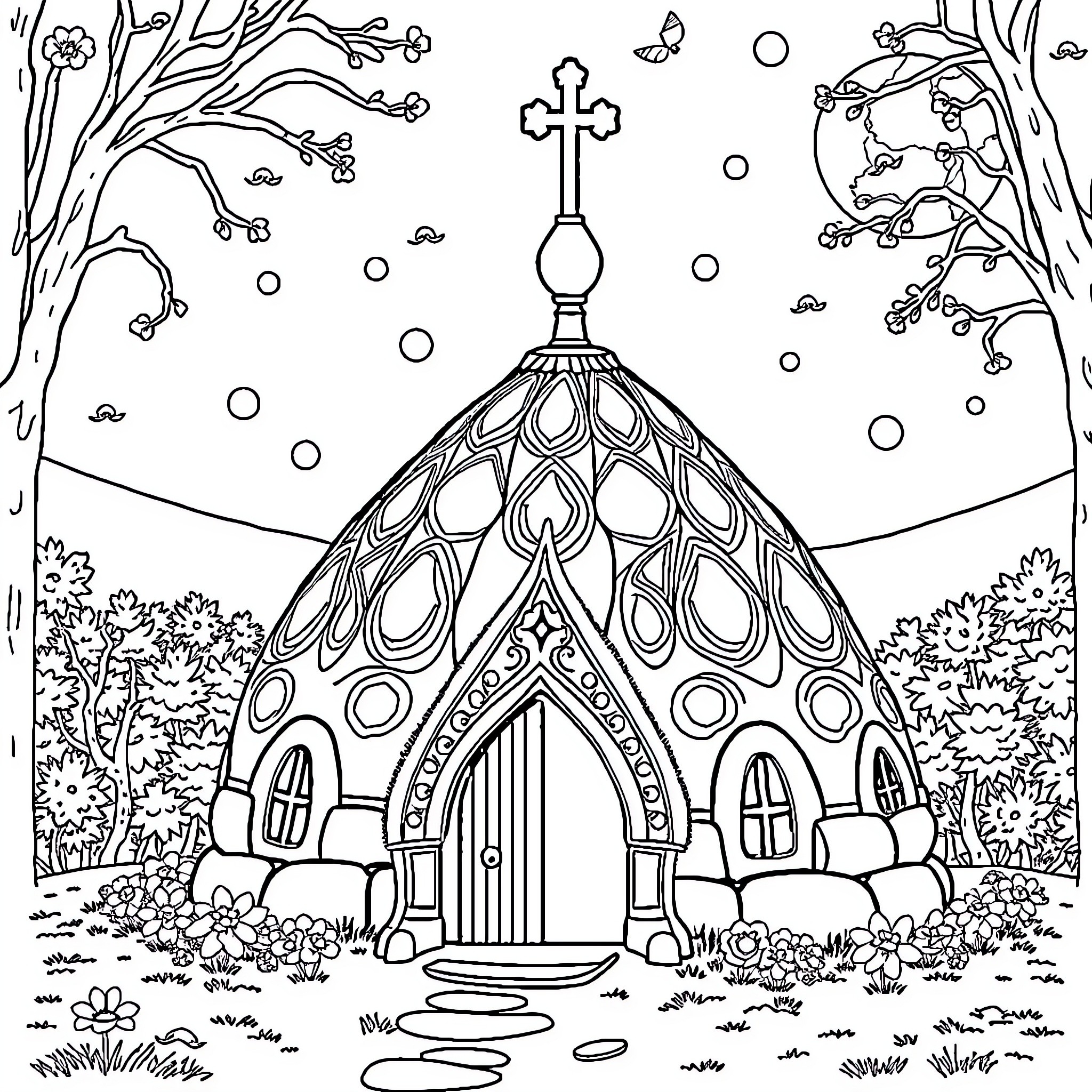 Snow White's Enchanted Winter Wonderland Coloring Page (free black-and-white line drawing printable PDF for all, from beginners to advanced learners, including children, teens, adults, and seniors)