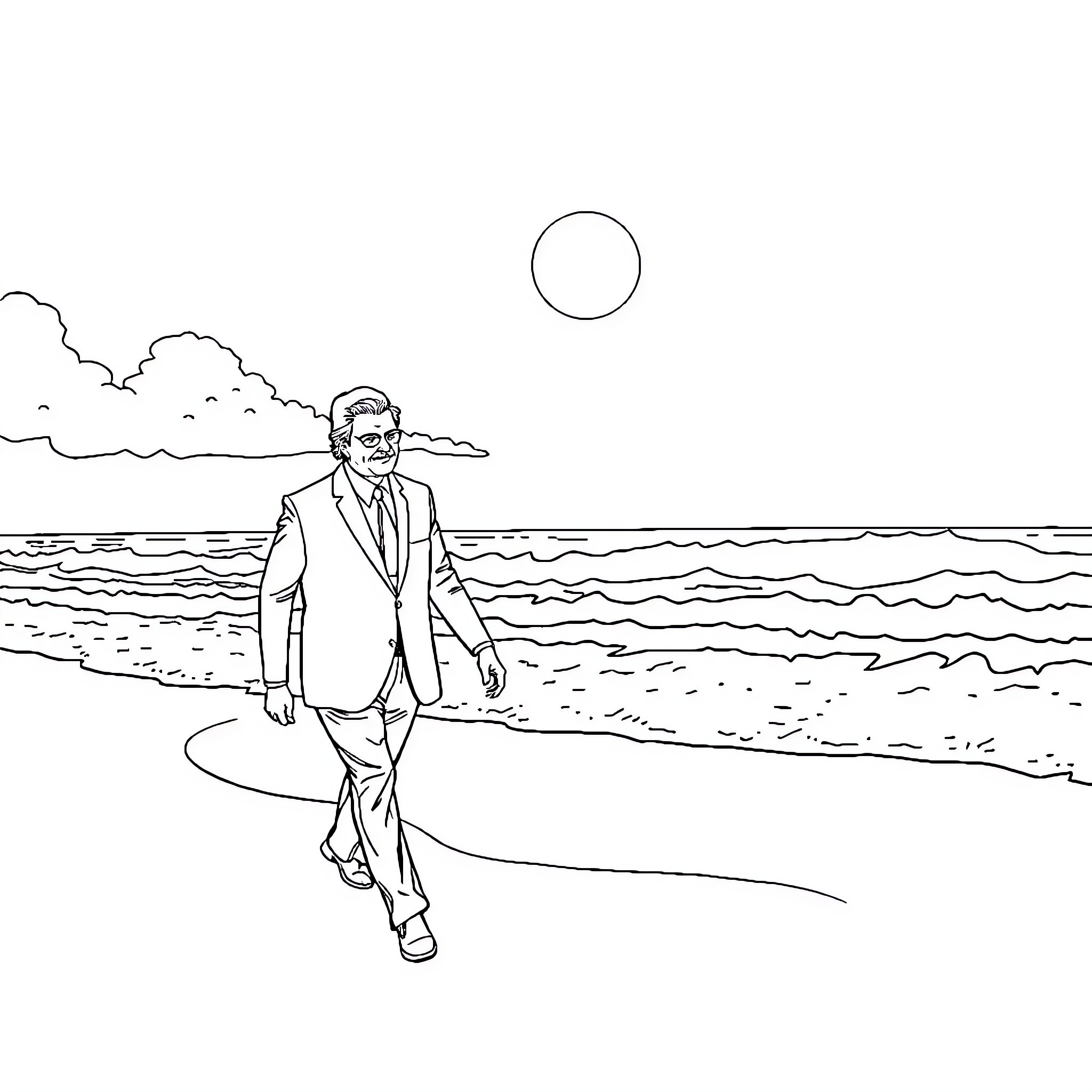 Presidente walking alone on the beach at sunset Coloring Page (free black-and-white line drawing printable PDF for all, from beginners to advanced learners, including children, teens, adults, and seniors)