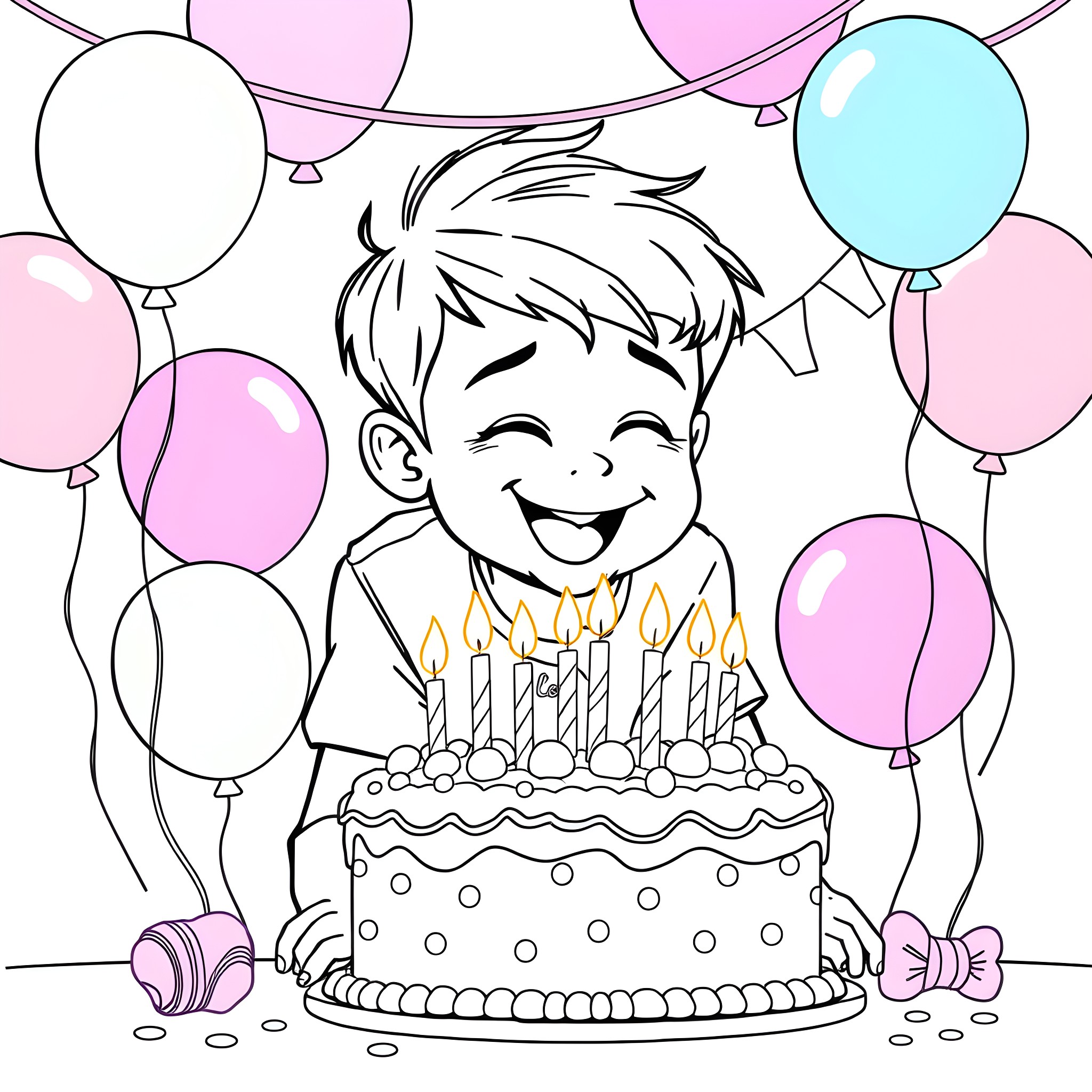 Leo's Joyful Birthday Celebration with Balloons Coloring Page (free black-and-white line drawing printable PDF for all, from beginners to advanced learners, including children, teens, adults, and seniors)