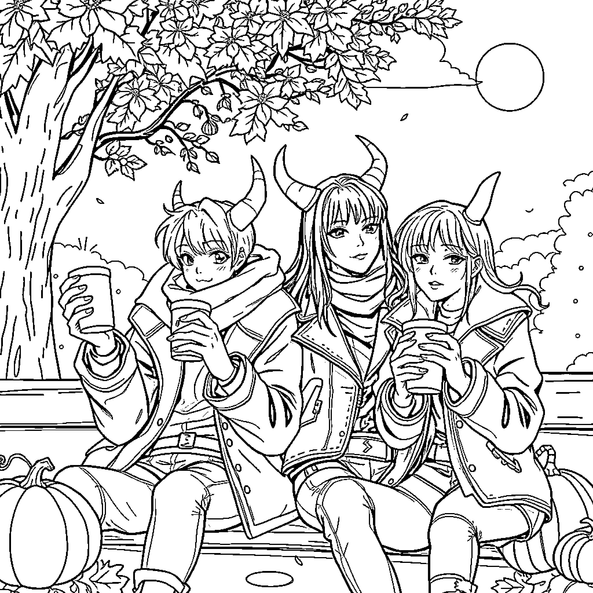 Demon Hunters Enjoying Autumn Scenery Coloring Page (free black-and-white line drawing printable PDF for all, from beginners to advanced learners, including children, teens, adults, and seniors)