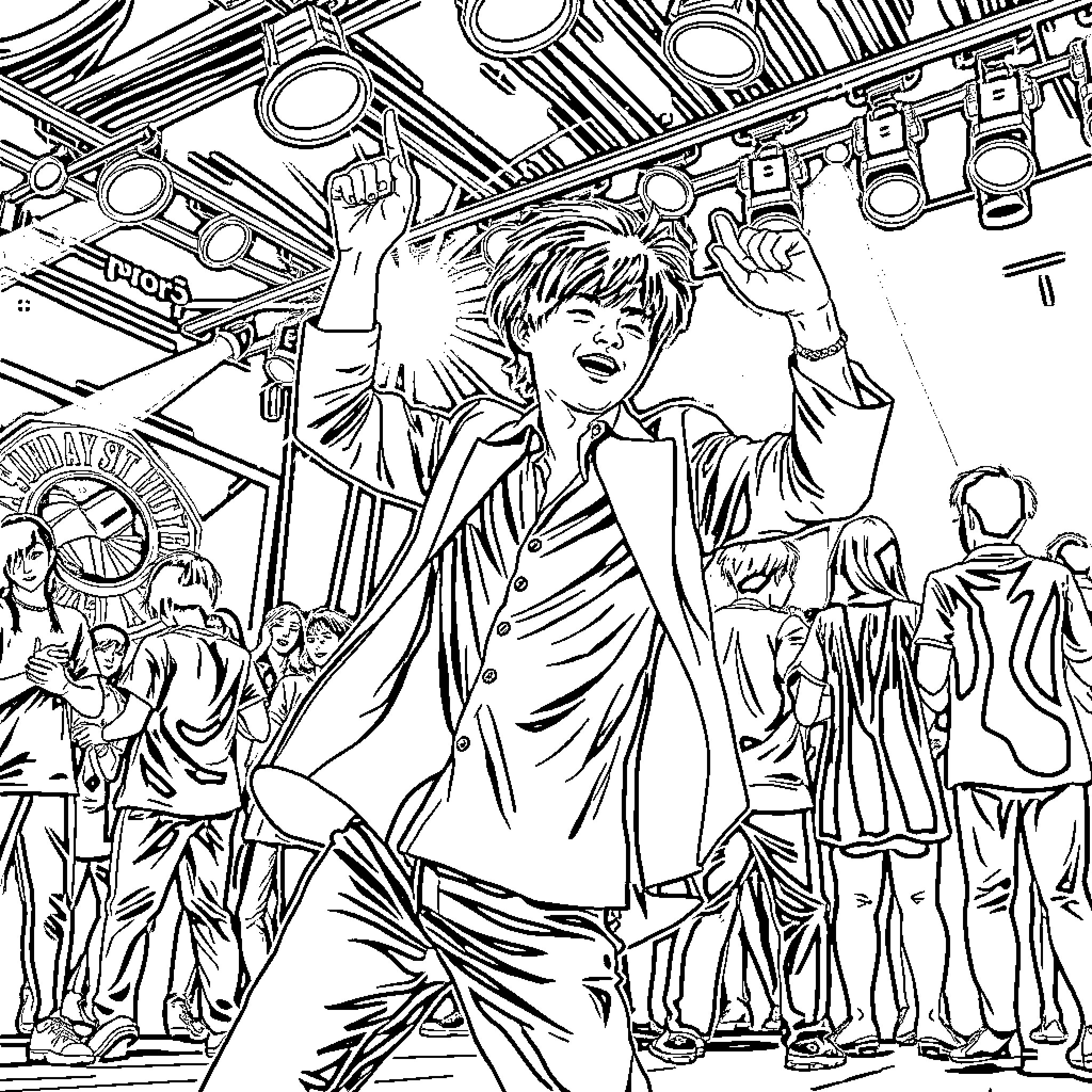 Cha Eunwoo's enthusiastic performance on stage Coloring Page (free black-and-white line drawing printable PDF for all, from beginners to advanced learners, including children, teens, adults, and seniors)