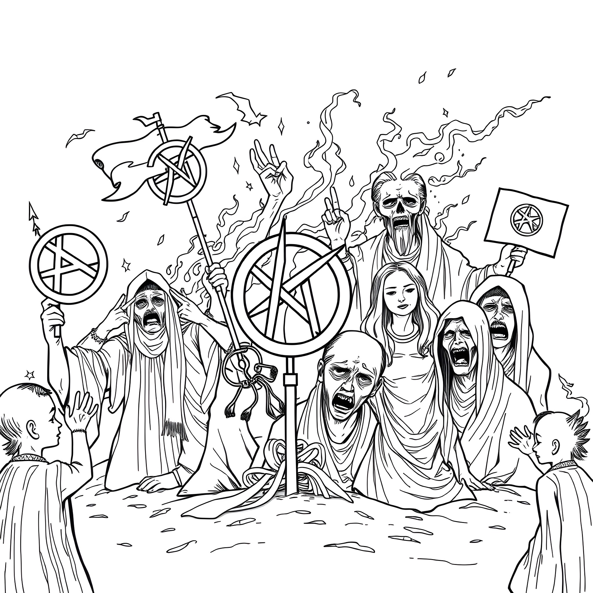 Anarchy: Chaotic Protest and Rebellion Coloring Page (free black-and-white line drawing printable PDF for all, from beginners to advanced learners, including children, teens, adults, and seniors)