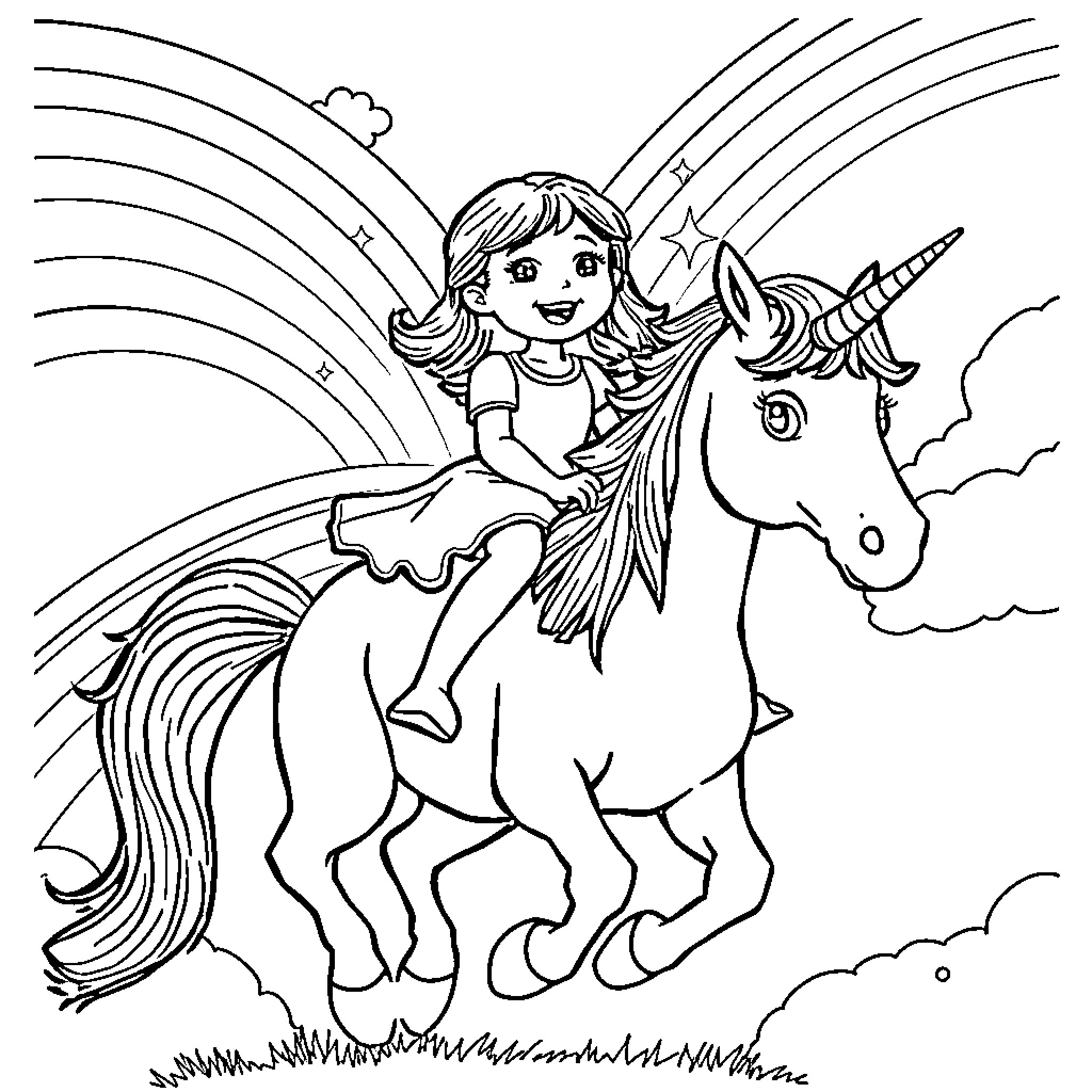 Unicorn Rider Gallops Through Magical Skies Coloring Page (free black-and-white line drawing printable PDF for all, from beginners to advanced learners, including children, teens, adults, and seniors)