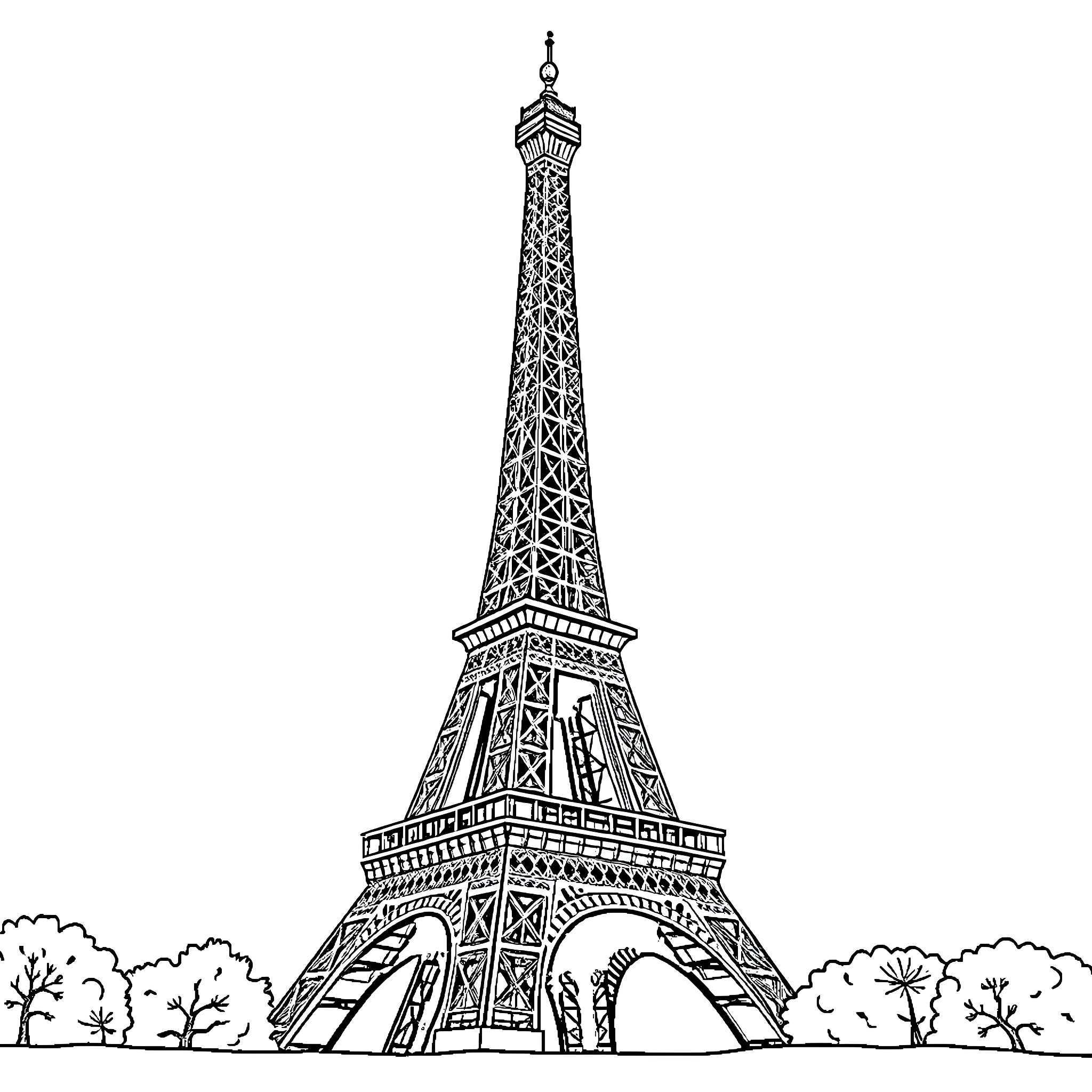 Eiffel Tower standing tall against a scenic backdrop Coloring Page (free black-and-white line drawing printable PDF for all, from beginners to advanced learners, including children, teens, adults, and seniors)