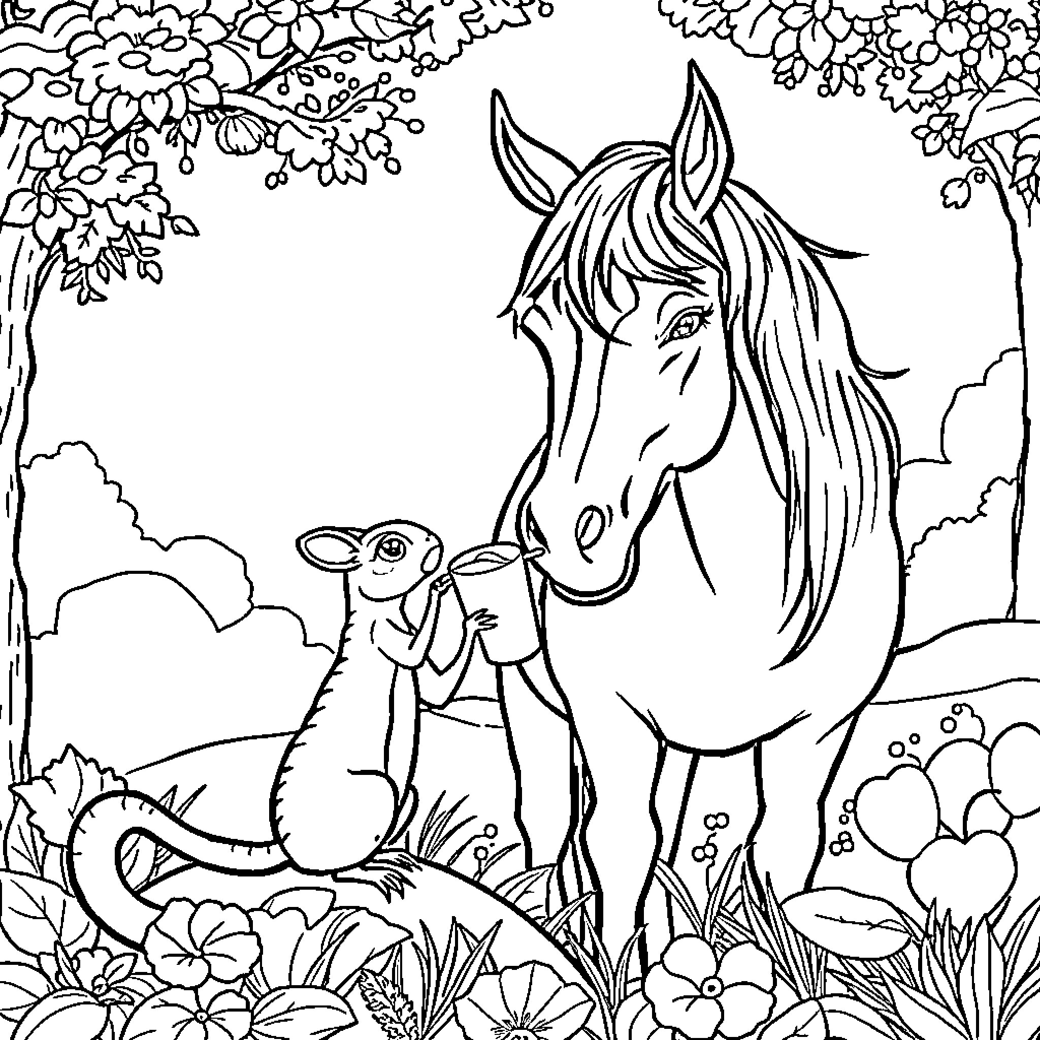 Squirrel Befriending a Majestic Horse in a Floral Paradise Coloring Page (free black-and-white line drawing printable PDF for all, from beginners to advanced learners, including children, teens, adults, and seniors)