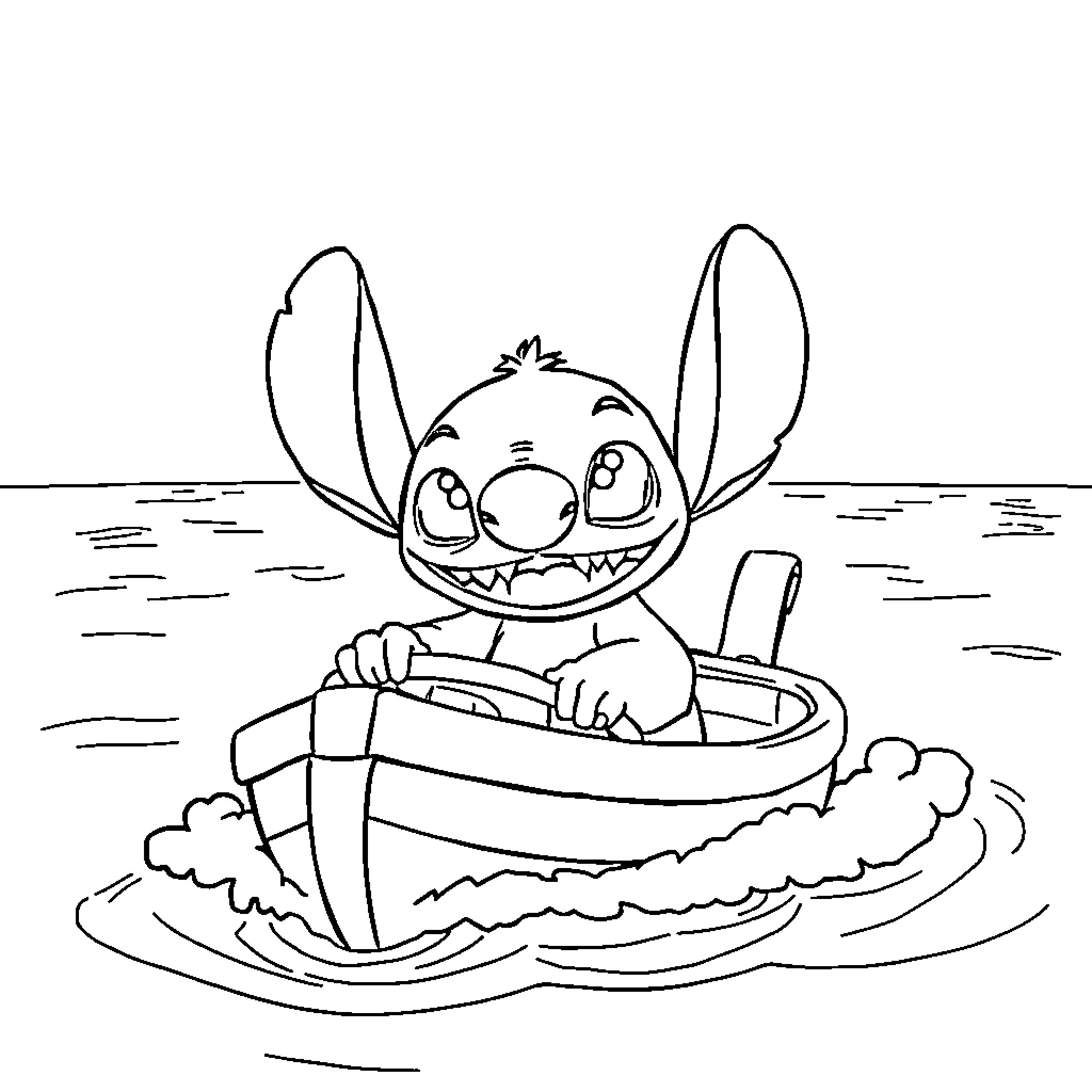 Stitch enjoying a boat ride in the ocean Coloring Page (free black-and-white line drawing printable PDF for all, from beginners to advanced learners, including children, teens, adults, and seniors)