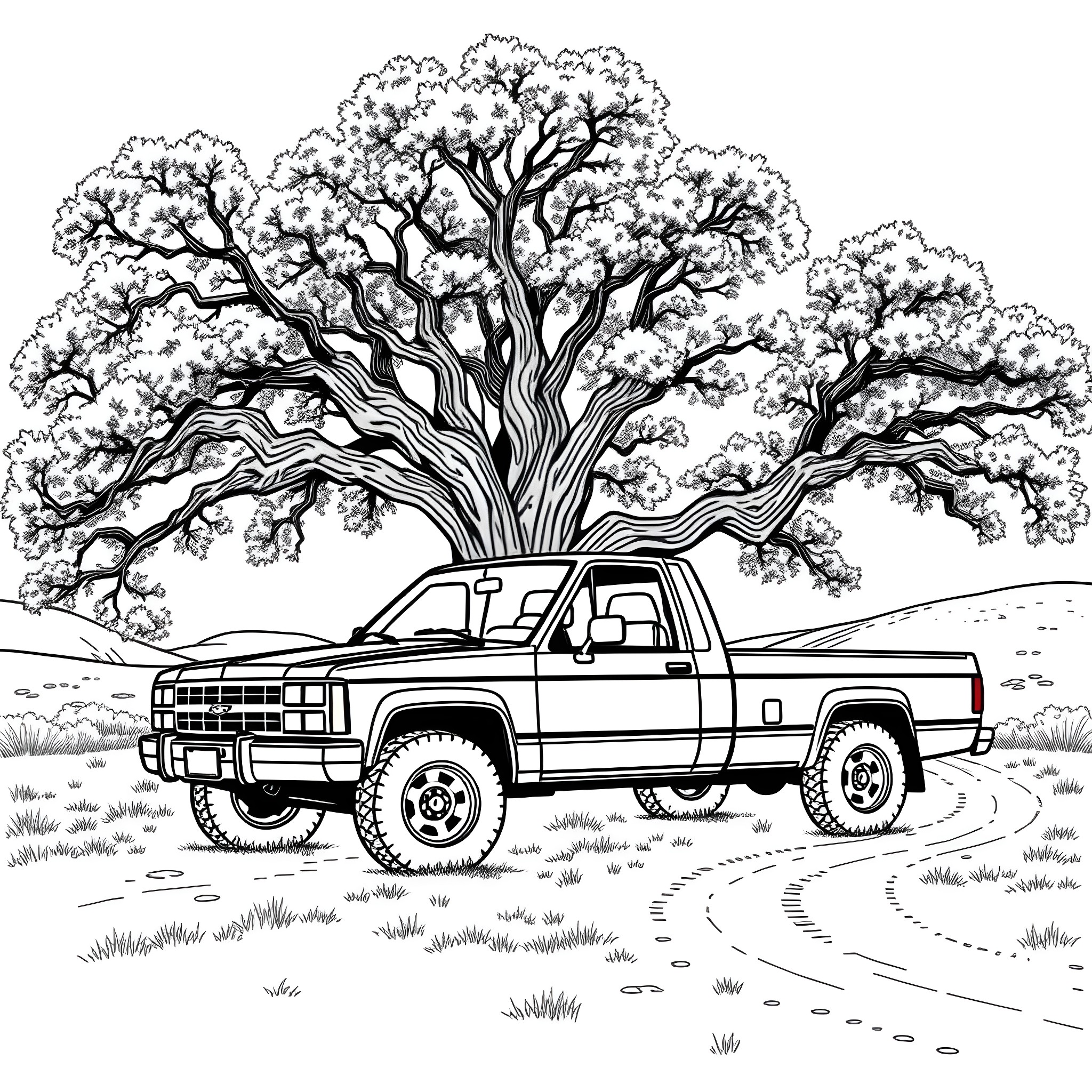 Truck parked under a majestic oak tree Coloring Page (free black-and-white line drawing printable PDF for all, from beginners to advanced learners, including children, teens, adults, and seniors)