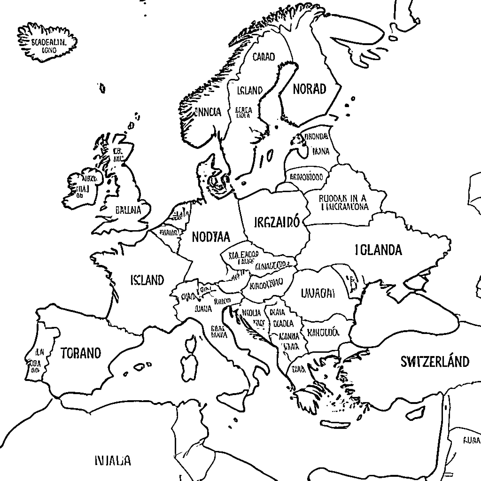 Map of European countries and regions Coloring Page (free black-and-white line drawing printable PDF for all, from beginners to advanced learners, including children, teens, adults, and seniors)