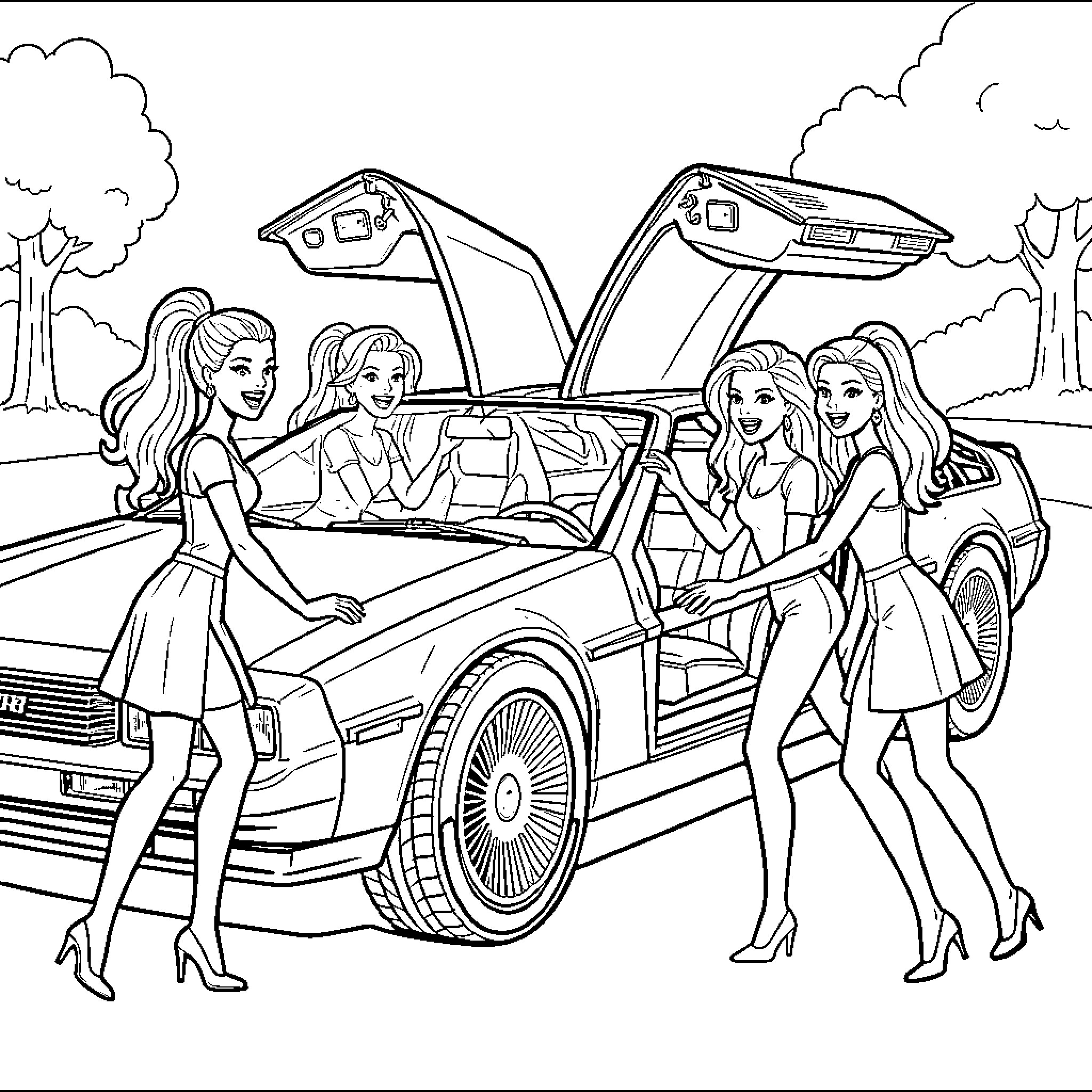 Barbie friends enjoying a day out with their car Coloring Page (free black-and-white line drawing printable PDF for all, from beginners to advanced learners, including children, teens, adults, and seniors)