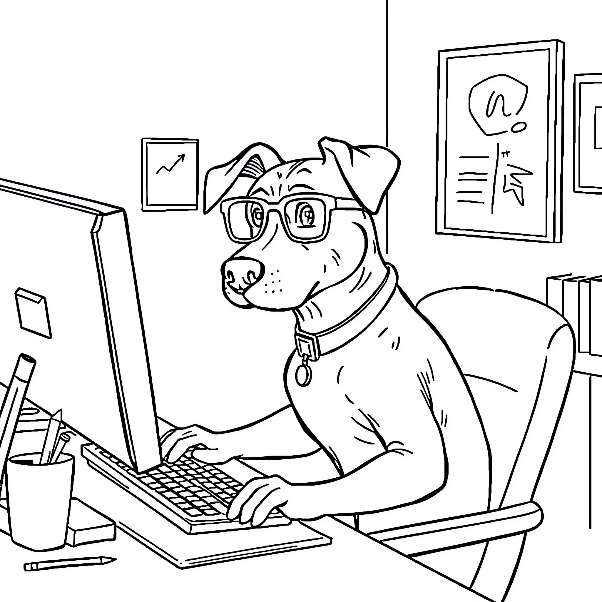 Dog working diligently at computer in office Coloring Page (free black-and-white line drawing printable PDF for all, from beginners to advanced learners, including children, teens, adults, and seniors)